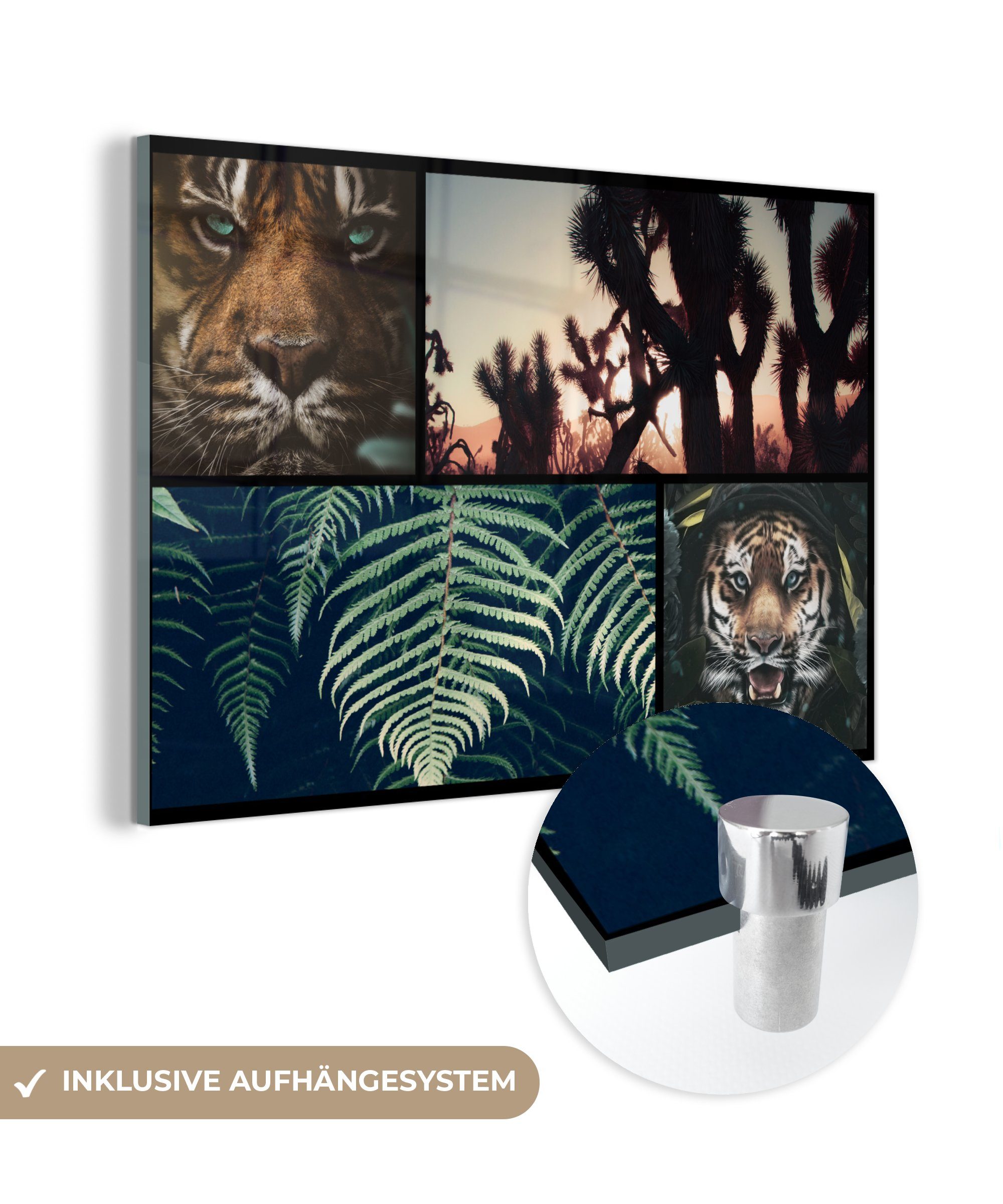 MuchoWow Acrylglasbild Collage - Tiger - Pflanzen - Sonnenuntergang, (1 St), Acrylglasbilder Wohnzimmer & Schlafzimmer