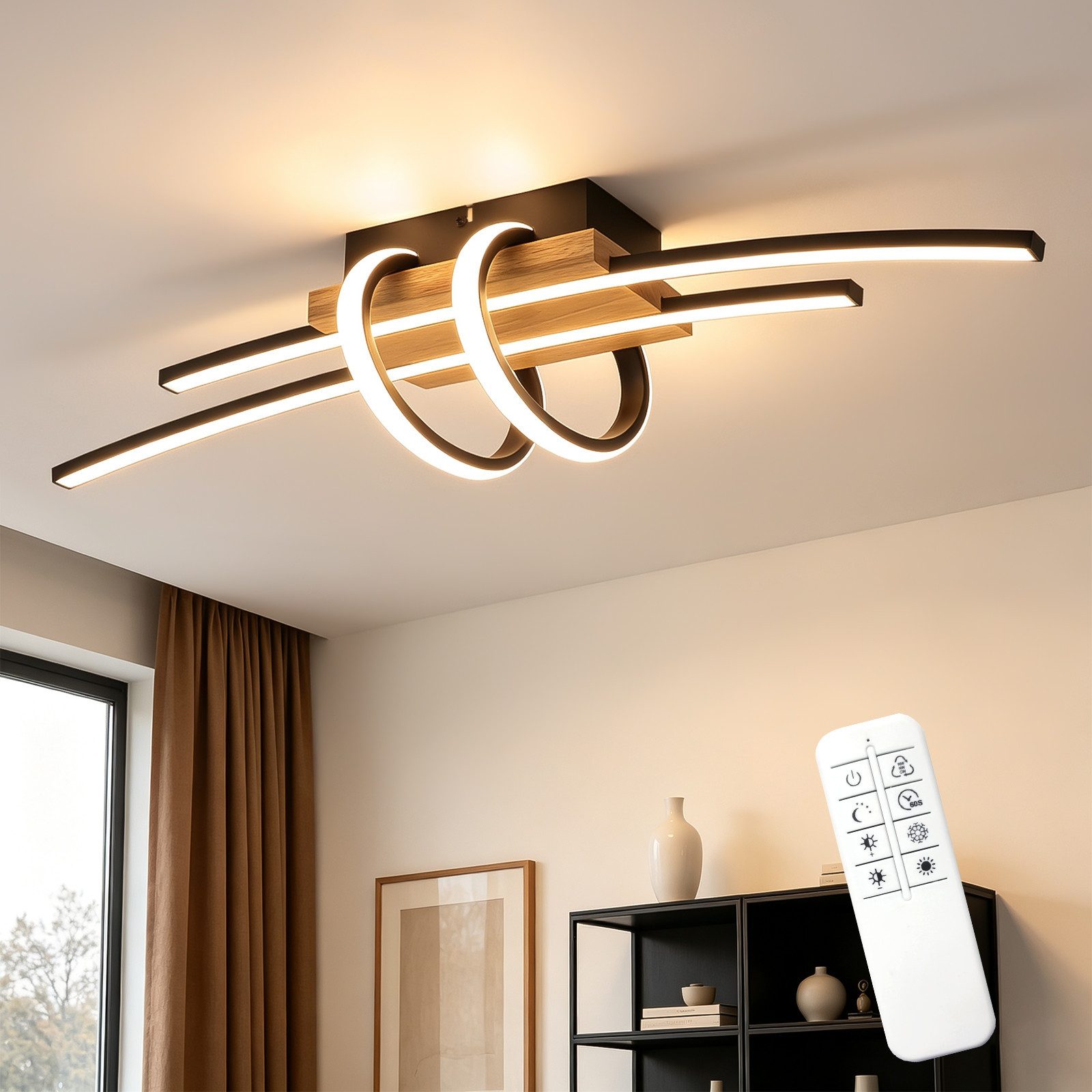 ZMH LED Deckenleuchte Schwarzer Rahmen, Holzmaserungsdekor, modern, dimmbar, LED fest integriert, Warmweiß-Neutralweiß-Kaltweiß, 4721 …