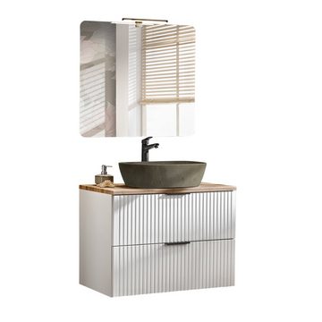 Lomadox Badmöbel-Set ADELAIDE-56-WHITE, (Spar-Set, 2-St), matt weiß LED-Spiegel, 80 cm Waschtischunterschrank mit Keramikbecken
