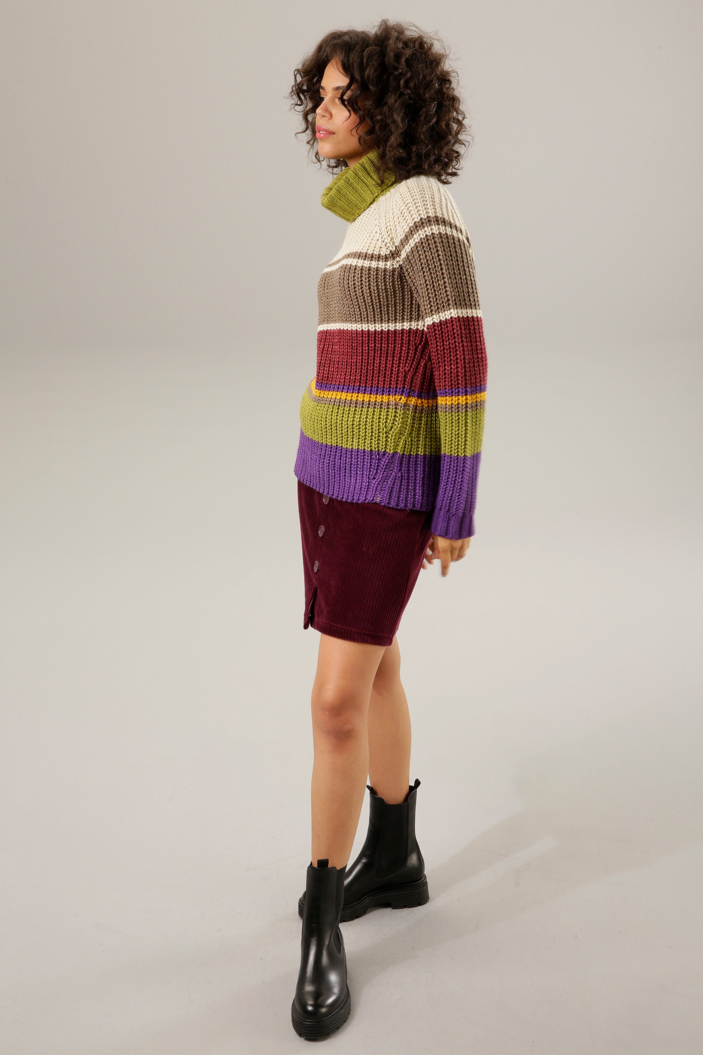 im Aniston farbharmonischem CASUAL Streifen-Dessin Strickpullover moosgrün-sand-taupe-bordeaux-dunkelgelb-lila