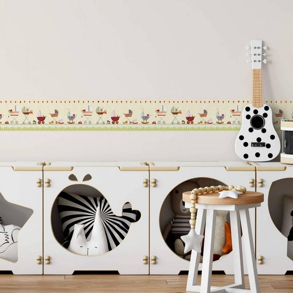 Kinderzimmer bunt, Kunstdruck Leffler selbstklebend, Akzentleiste entfernbar Wandtattoo Wall Kinderwagen Art Baby Bordüre K&L