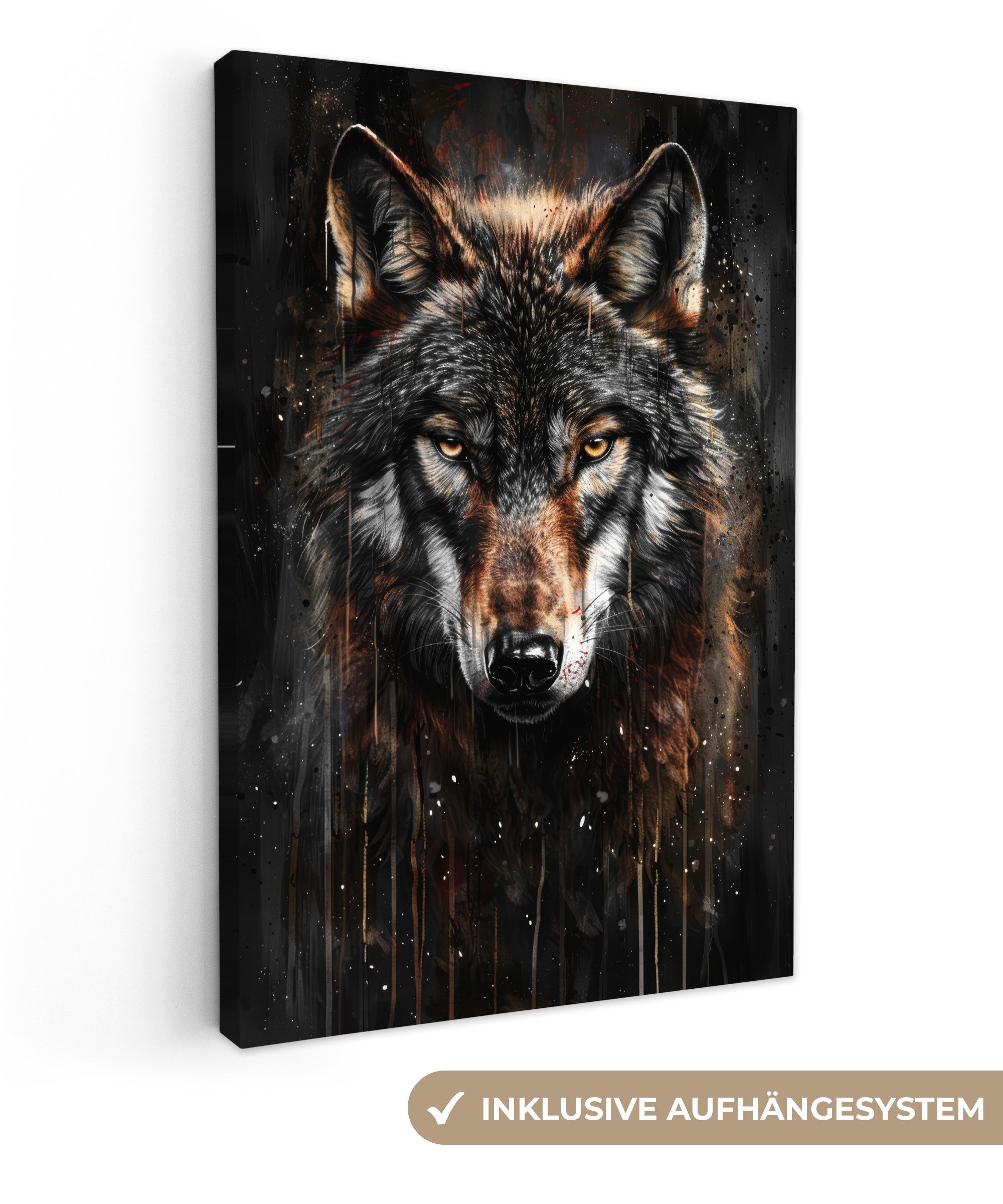OneMillionCanvasses® Leinwandbild Tiere - Wolf - Porträt - Schwarz - Braun, Fotodruck (1 St), Leinwand Canvas Wandbild, Wanddekoration 20x30 cm