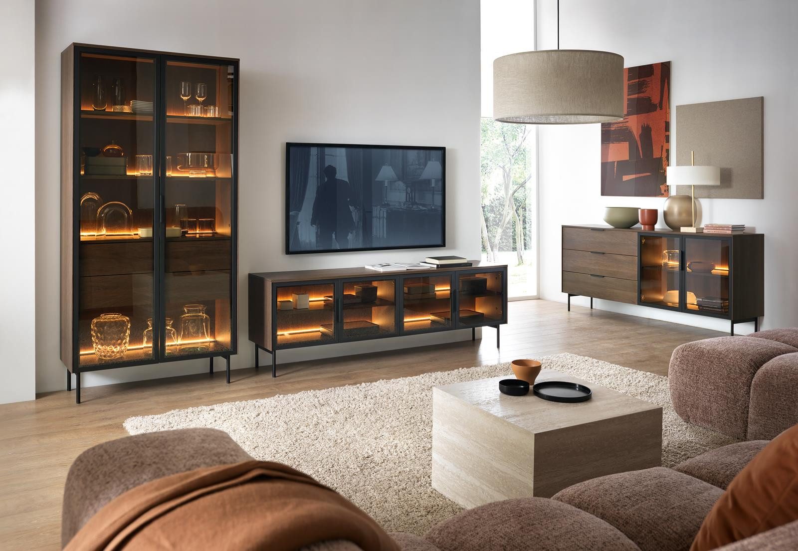 Compleo Glasvitrine mit 2 Schubladen, zweiturig, Stimmungsvolle LED-Beleuchtung