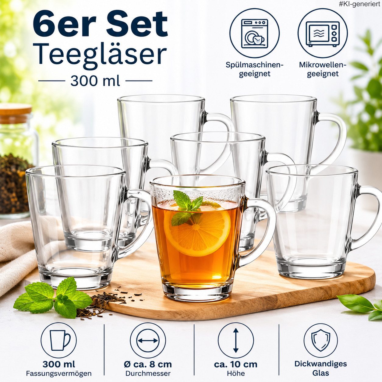 steinwohn Teeglas 6er Set Teegläser Teetassen Glastassen Trinkgläser mit Henkel - 300ml, geeignet für Spülmaschine und Mikrowelle