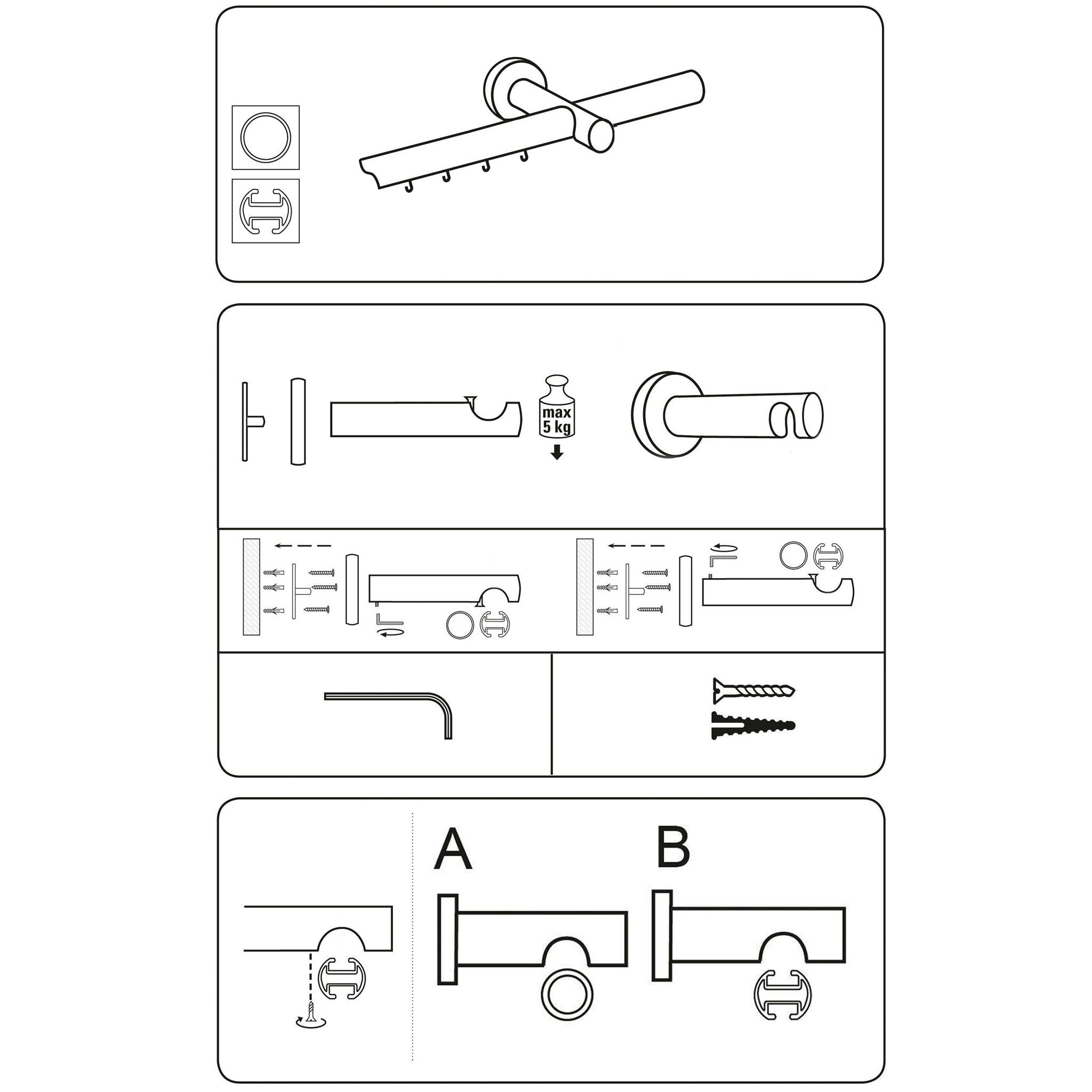 1-läufig, SN Aluminium, 19 GROUP, Gardinenstange Verschraubt, Ø Fixmaß, mm, Brest, schwarz Komplettset DECO Innenlaufgarnitur