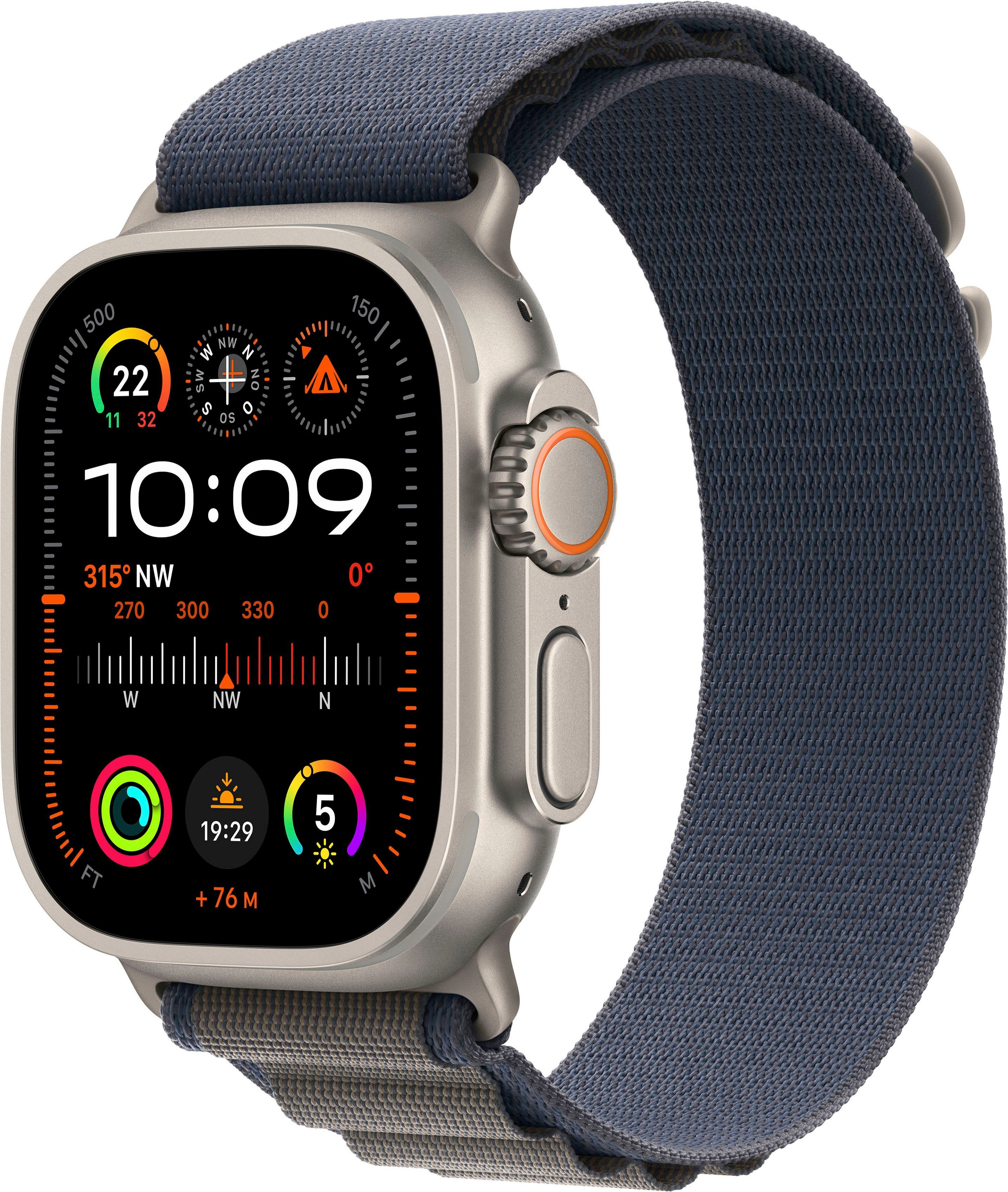 Apple Watch Ultra 2 GPS 49 mm + Cellular Titanium Medium Smartwatch (4,9 cm/1,92 Zoll, Watch OS 10), Alpine Loop blau | Titanium/Blue Alpine