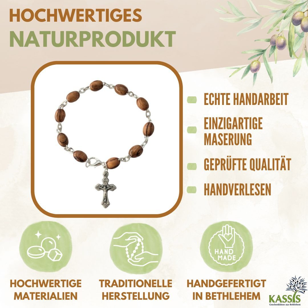 Kassis Geschenkartikel Armband mit ovalen Olivenholz-Perlen Gebetskette Talisman Glücksbringer, handgefertigt in Bethlehem, Geschenk zu Kommunion Taufe Firmung – Bild 2 von 5