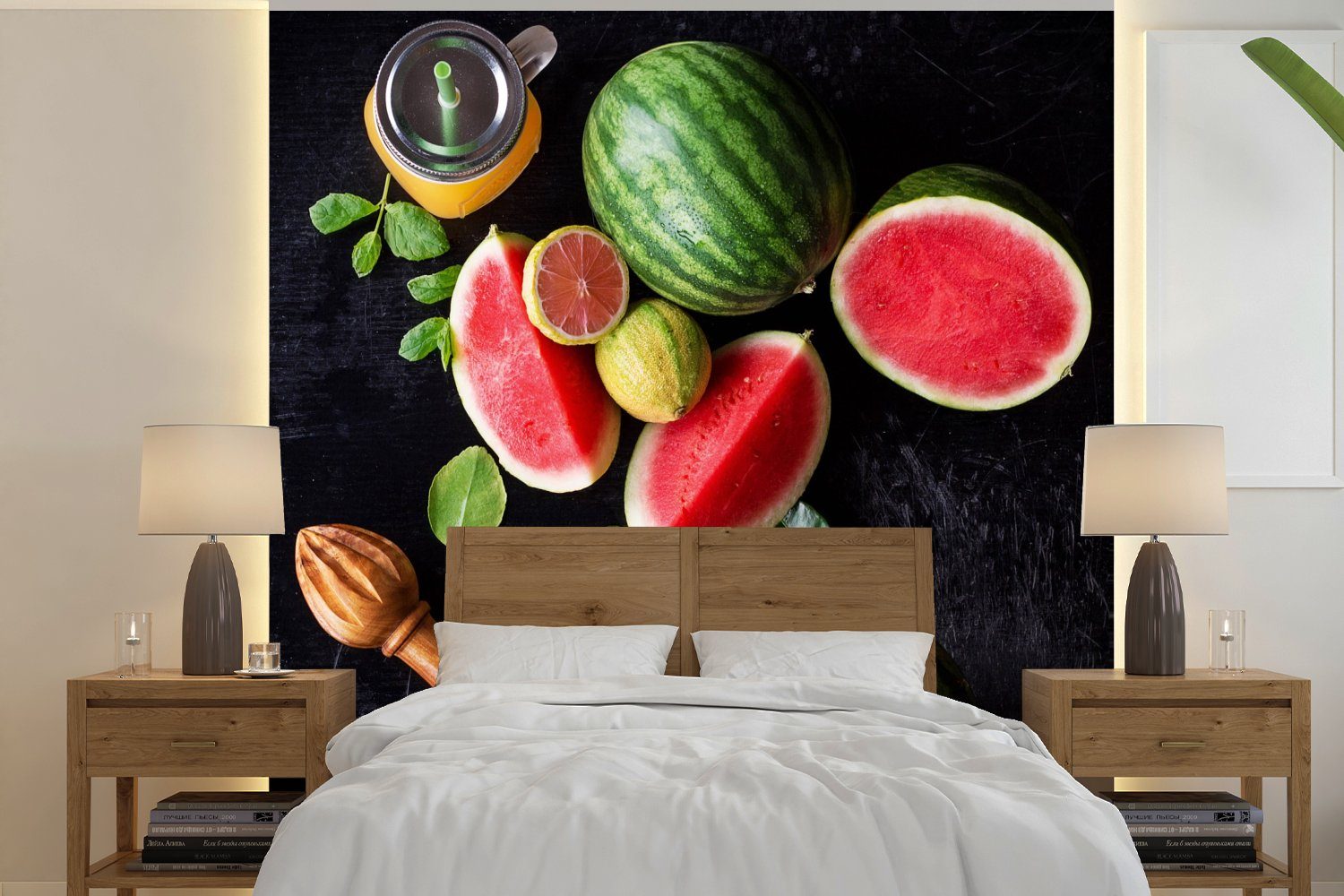 MuchoWow Fototapete Wassermelone - Smoothie - Obst - Zitronenpresse, Matt, bedruckt, (5 St), Vinyl Tapete für Wohnzimmer oder Schlafzimmer, Wandtapete