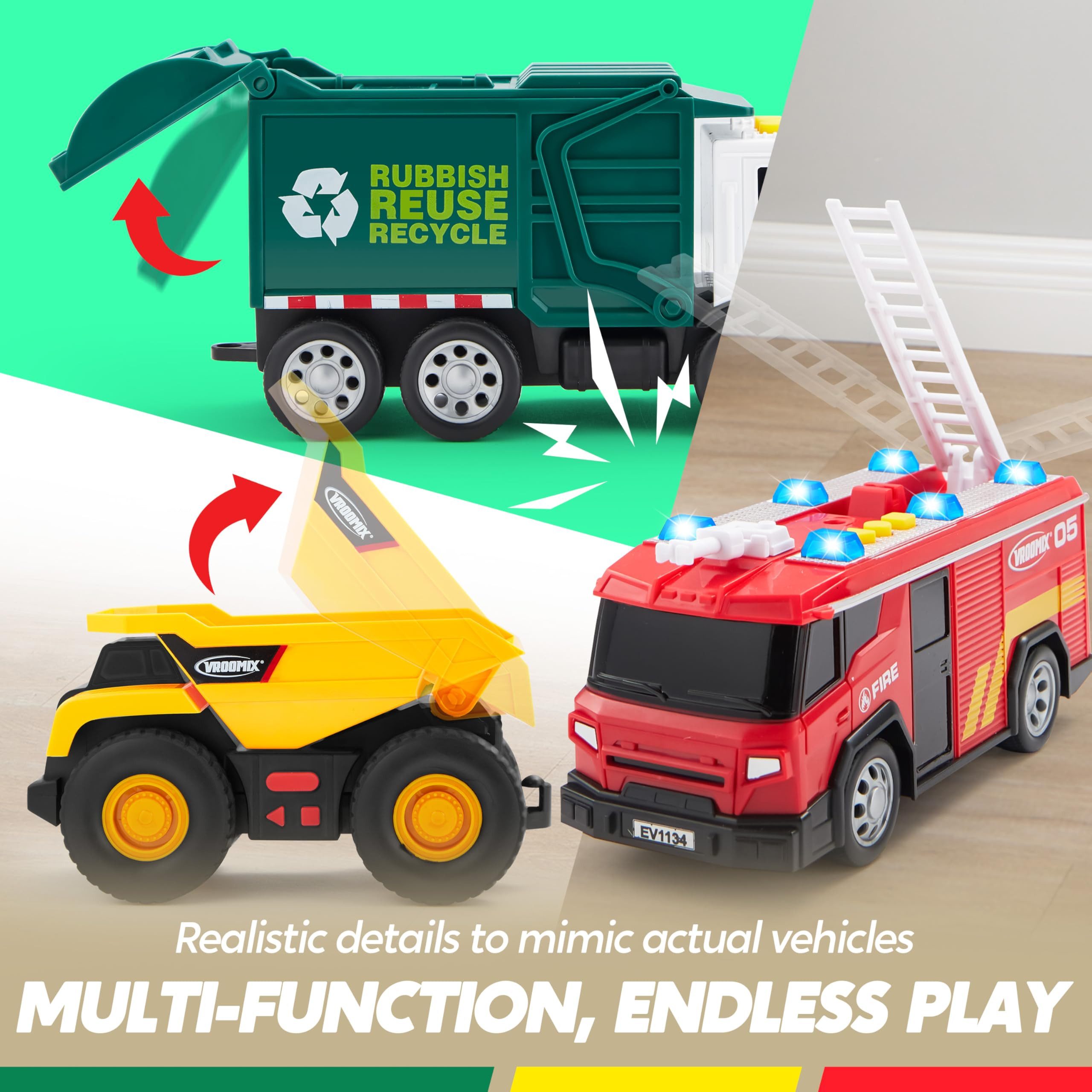 Vroomix Spielzeug-Auto VROOMIX 3er Spielzeugfahrzeuge-Set–Müll, Feuer & Bau mit Licht & Sound, (3-tlg)