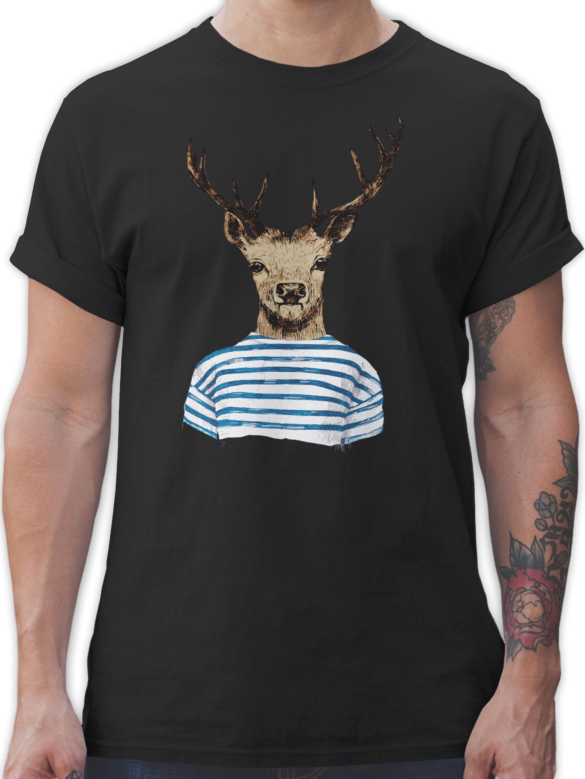 Shirtracer T-Shirt Hirsch mit gestreiftem Shirt Mode für Oktoberfest Herren 01 Schwarz