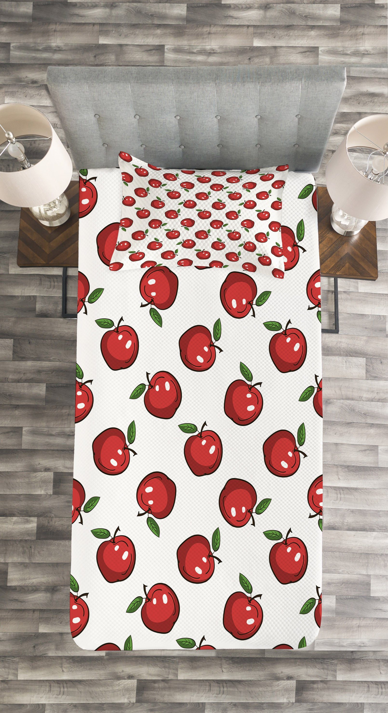 Tagesdecke Set mit Kissenbezügen Waschbar, Apfel Cartoon Bio-Obst Abakuhaus
