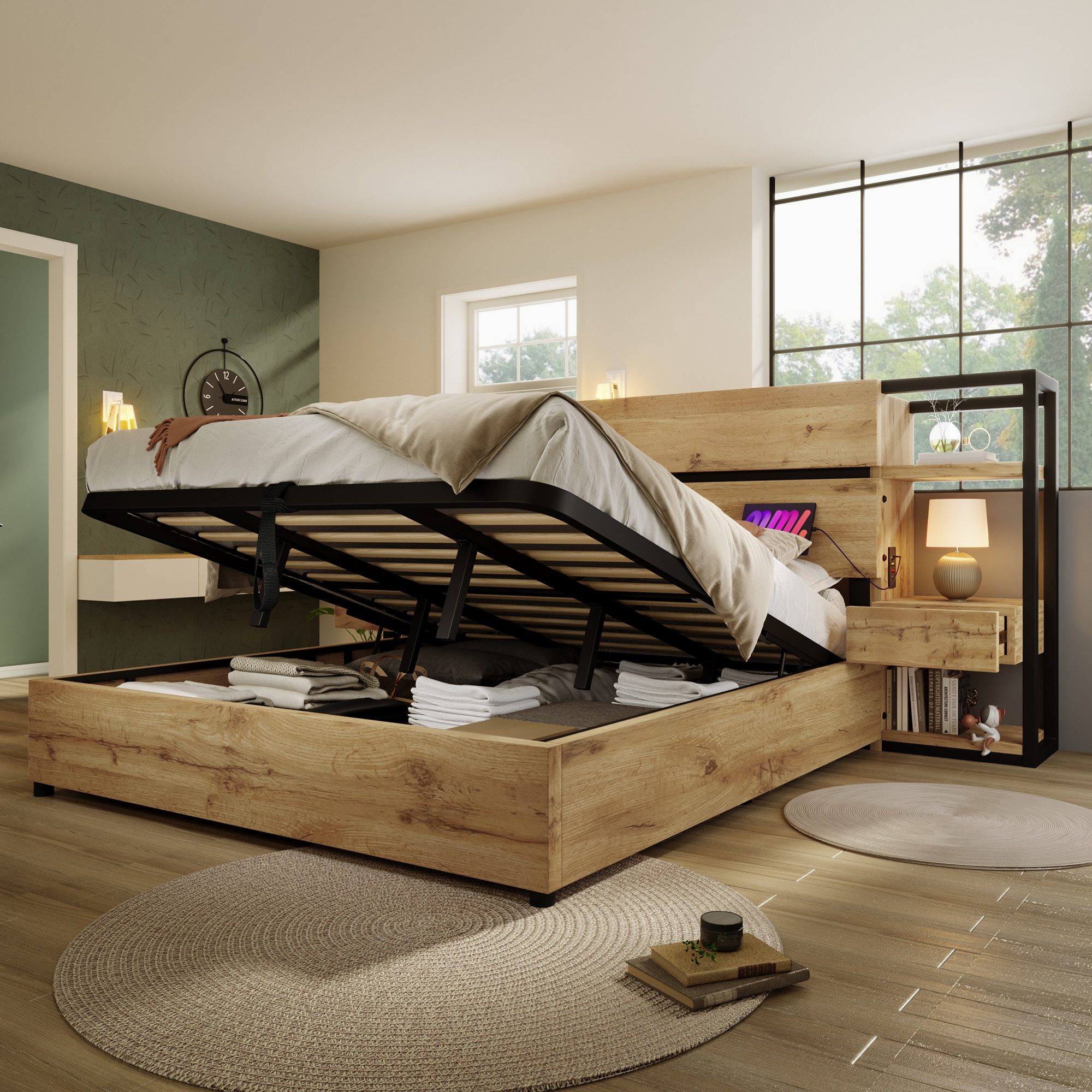 Luckice wooden bed, double bed 180×200cm, hydraulic storage bed (storage headboard with drawers and USB & Type-C charging port, bed frame with wooden slats), oak color (without mattress)