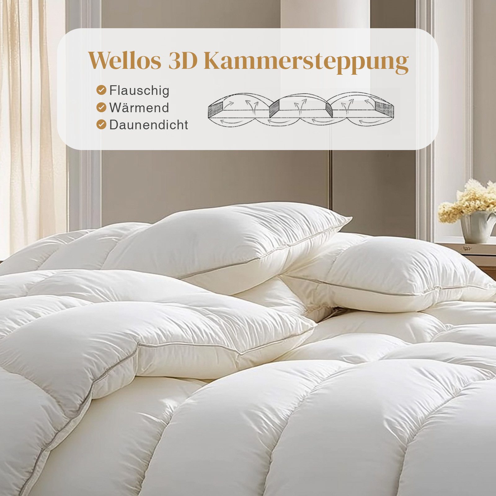 Wellos Daunenbettdecke 135/155/200x200 cm Ganzjahresdecke 100% Baumwolle Bettdecke, Füllung: Gänsedaunen und Federn, Federbettdecke Dicke Füllung ohne Lebendrupf, Extra Flauschige 3D Baffle Box Übergangsdecke für Einzelbett, Weiß