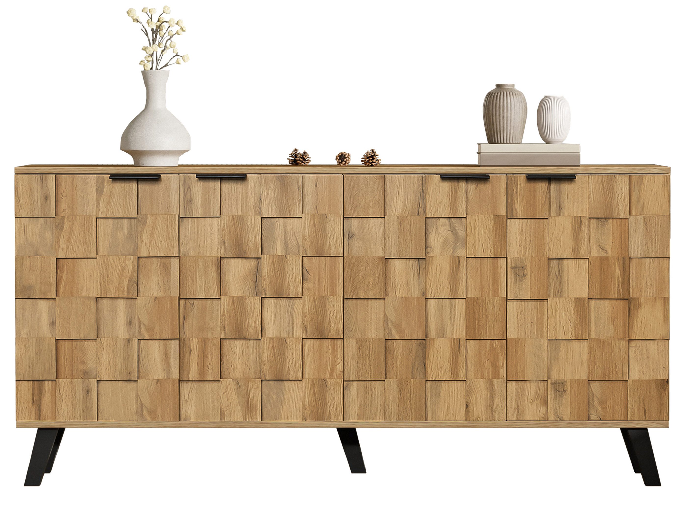 SeedWave Sideboard Karierter Schrank Atmungsaktive Kommode von Holzmaserung mit 4 Türen, 2 Rückseitige Löcher zur Wandbefestigung, verstellbare Einlegeboden