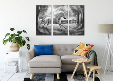 Pixxprint Leinwandbild Einhorn im Wald B&W, Einhorn im Wald B&W 3Teiler (120x80cm) (1 St), Leinwandbild fertig bespannt, inkl. Zackenaufhänger