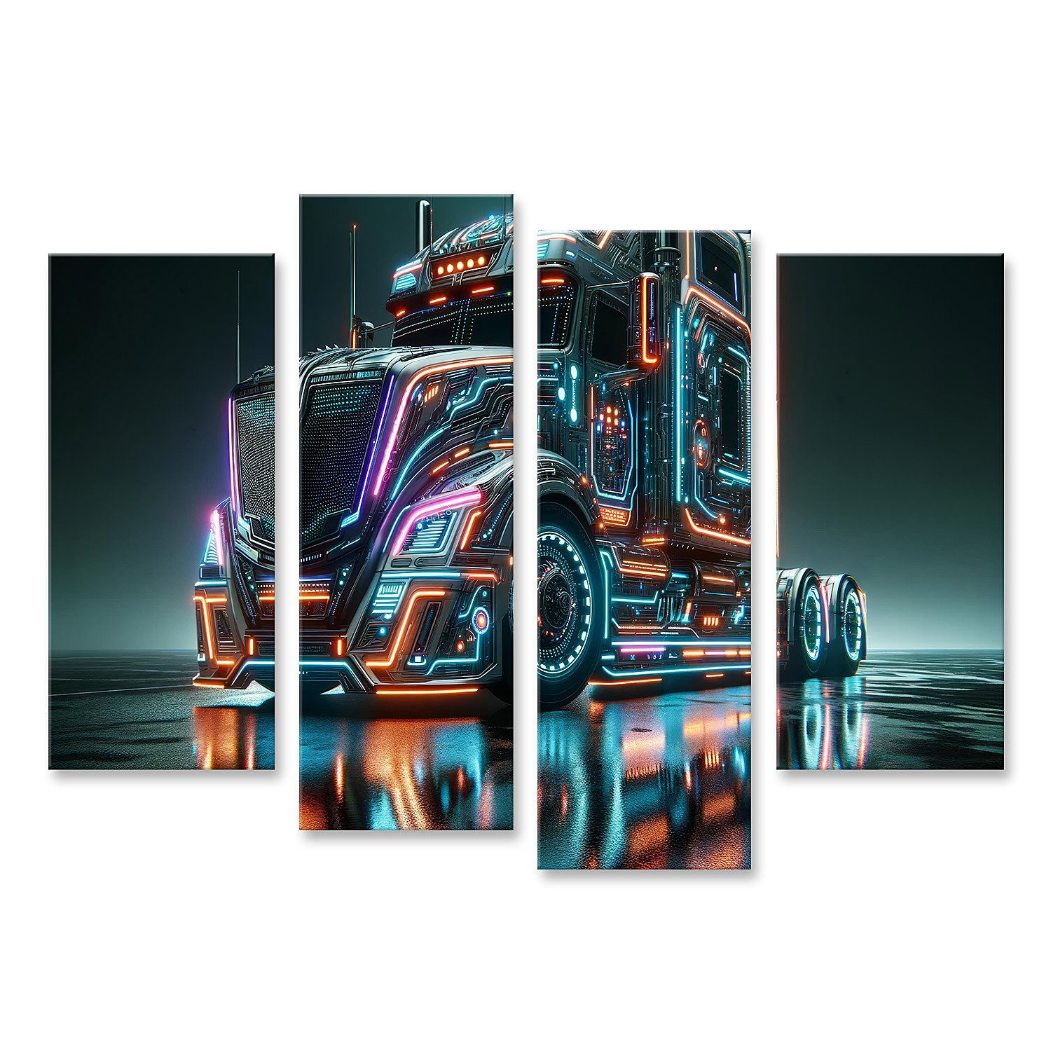 Leinwandbild Futuristischer Semi-Truck LKW mit Neonlichtern bei Nacht