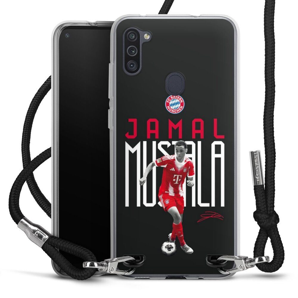 DeinDesign Handyhülle FC Bayern München Jamal Musiala Offizielles Lizenzprodukt, Samsung Galaxy M11 Handykette Hülle mit Band Case zum Umhängen