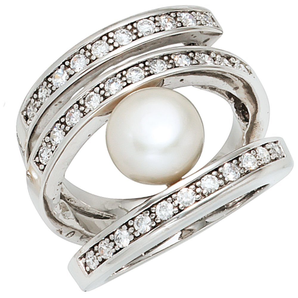Schmuck Krone Silberring Ring Damenring mit 31 Zirkonia & Süßwasser Perle Zuchtperle weiß, Silber 925