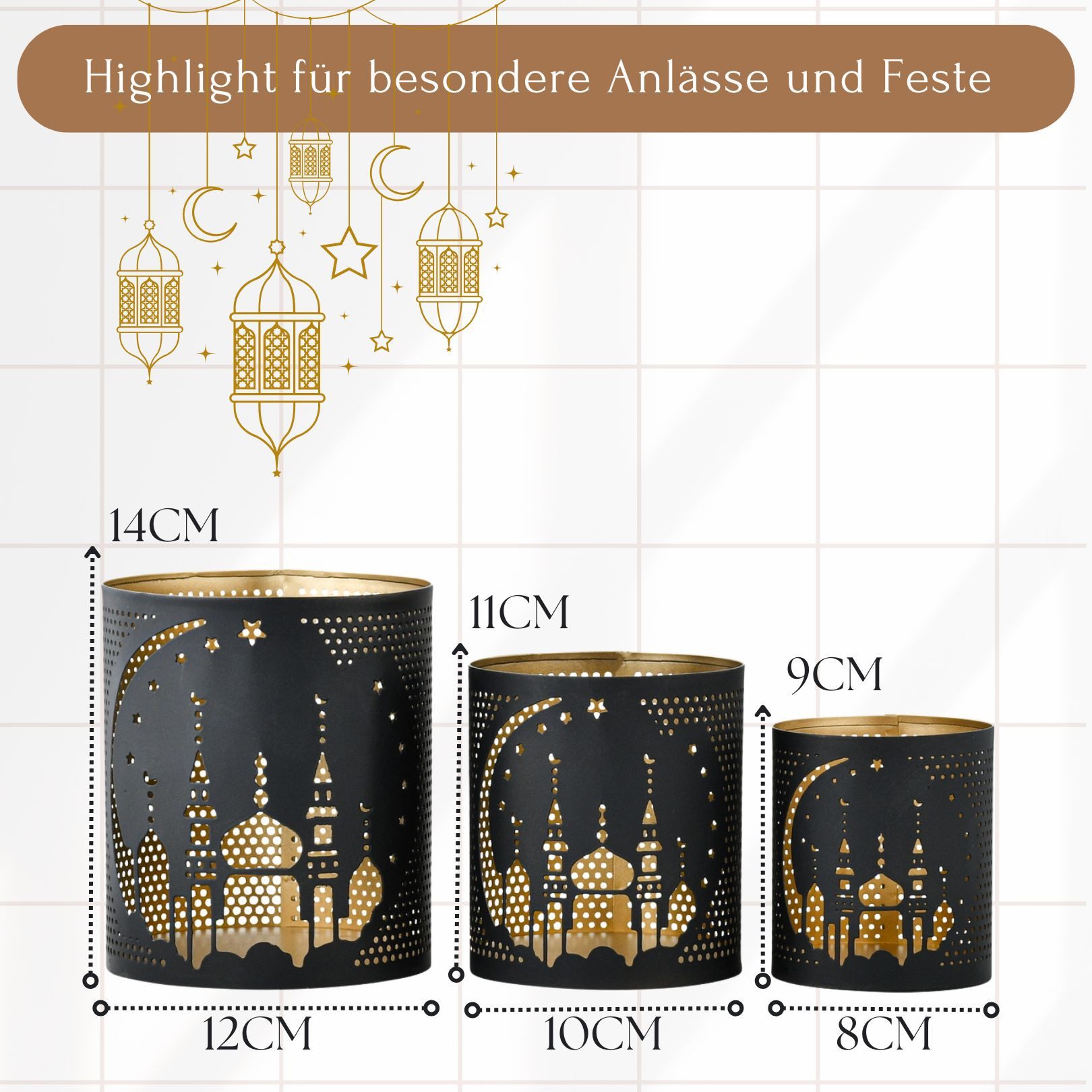 Marrakesch Orient & Mediterran Interior Teelichthalter 3er Set Orientalischer Teelichthalter Ramazan modern aus Metall 14 cm (3 St), Handarbeit