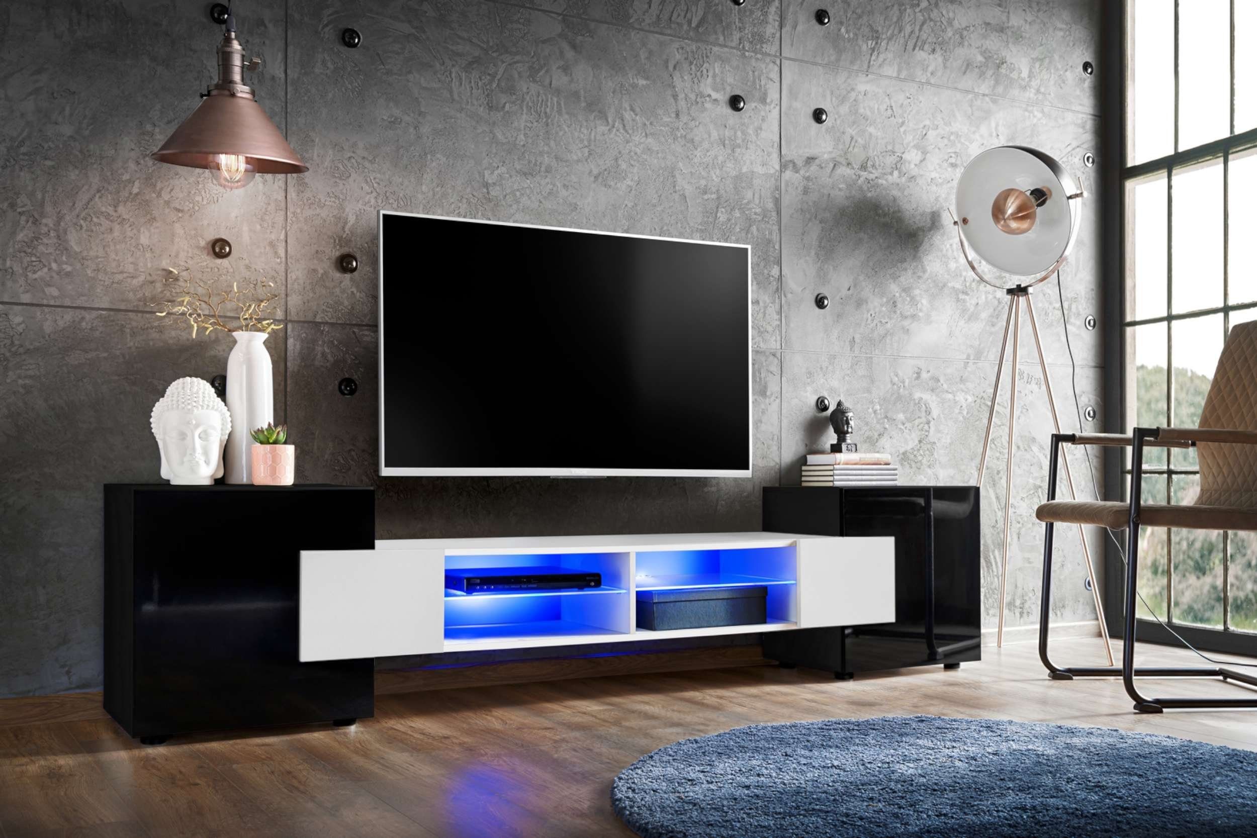 99rooms Lowboard Seoul I (TV-Kommode, TV-Schrank, Fernsehschrank), wahlweise mit LED-Beleuchtung, Hochglanzfront, Glaseinlegeböden, Modern Design, aus Holzwerkstoff, viel Stauraum, variabel stellbar