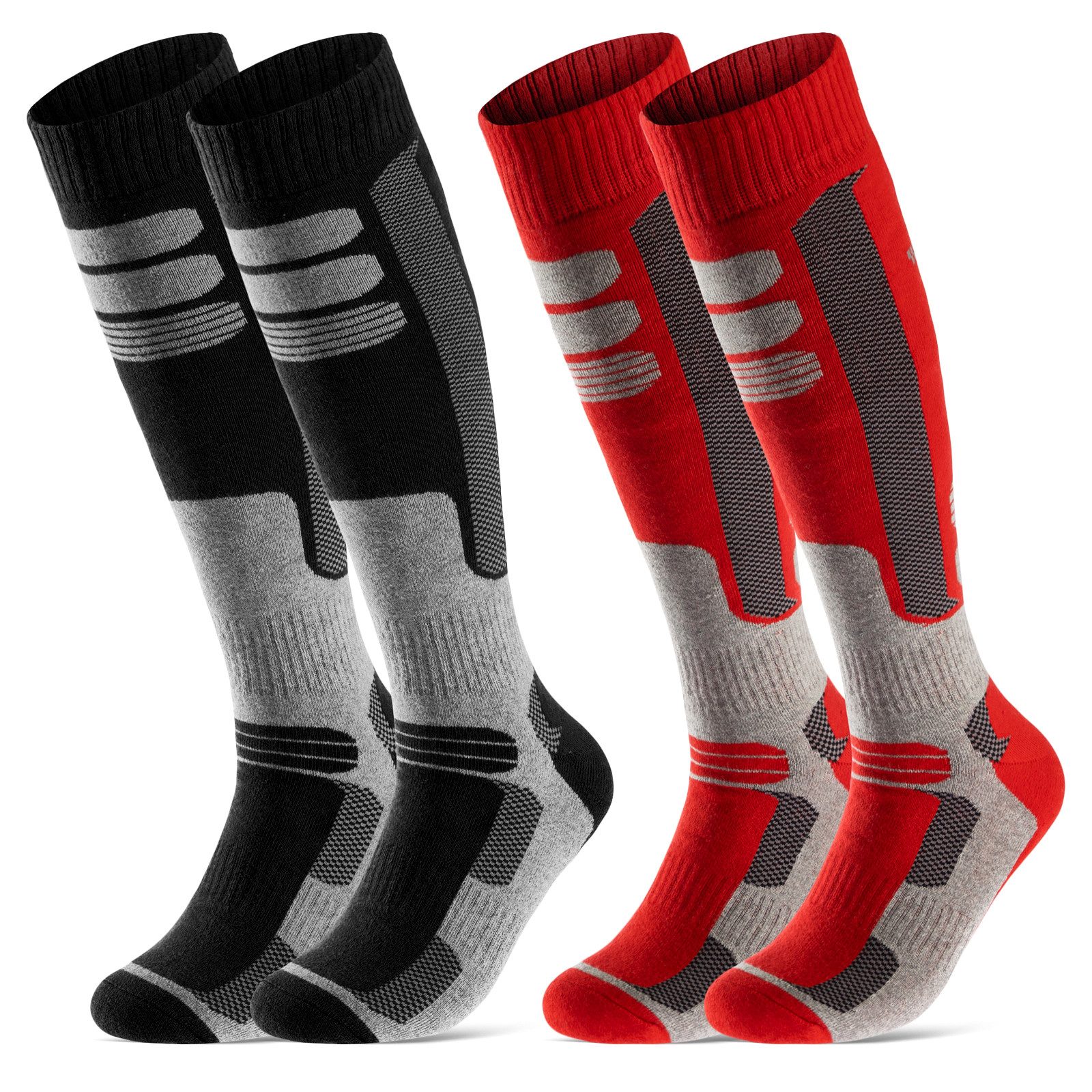 sockenkauf24 Skisocken 2 Paar Ski Strümpfe Herren & Damen Ski Socken lang (Schwarz/Rot, 39-42) Atmungsaktiv - 42816
