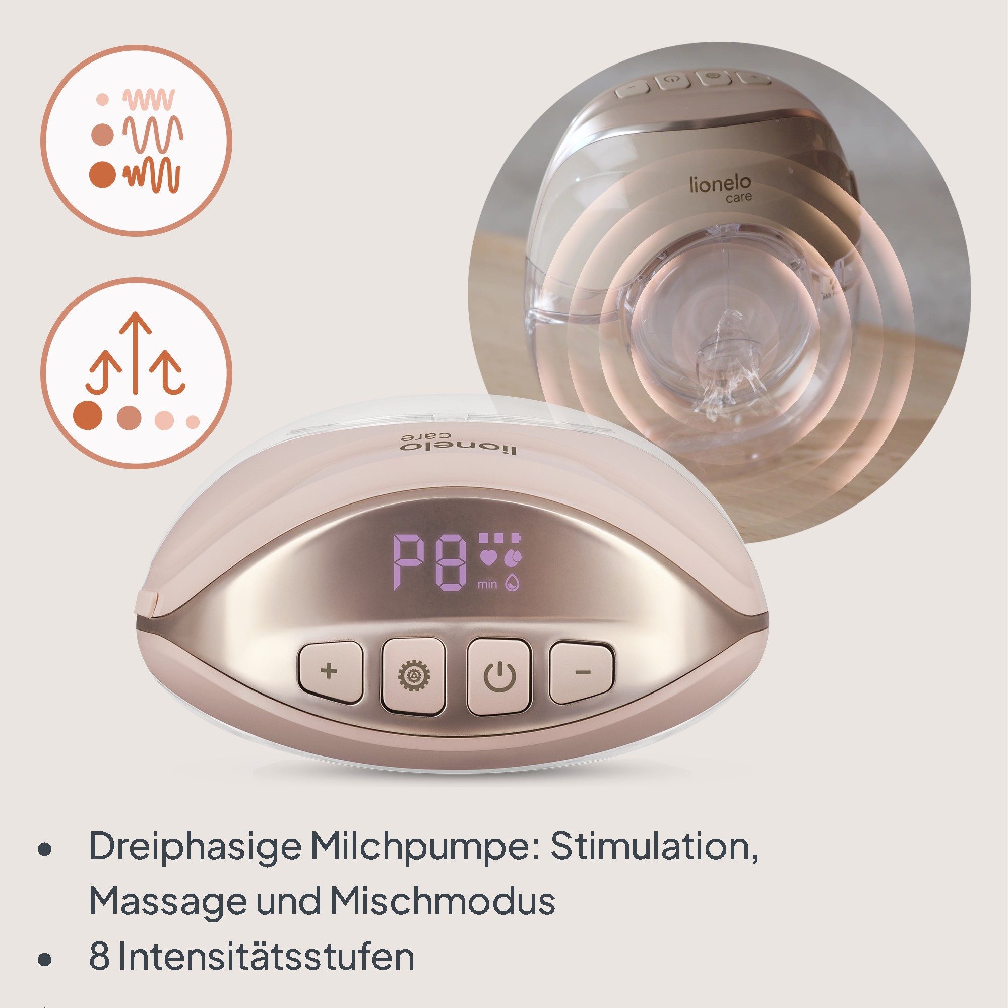 lionelo Elektrische Milchpumpe FIDI FREE SLIM, Set, Komplett-Set, 4 Trichtergrößen, 3-phasig/≤40 dB/214 g/150 ml/USB-C/4 Trichtergrößen – Bild 3 von 5