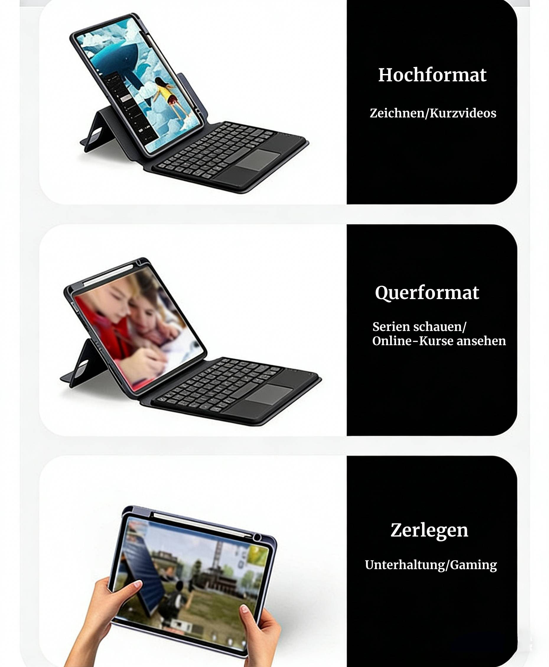 BBG Magnetische iPad Tastatur Hülle mit Touchpad, Abnehmbar iPad-Tastatur (Bluetooth QWERTZ Rundtasten, Pencil Halter) – Bild 3 von 5