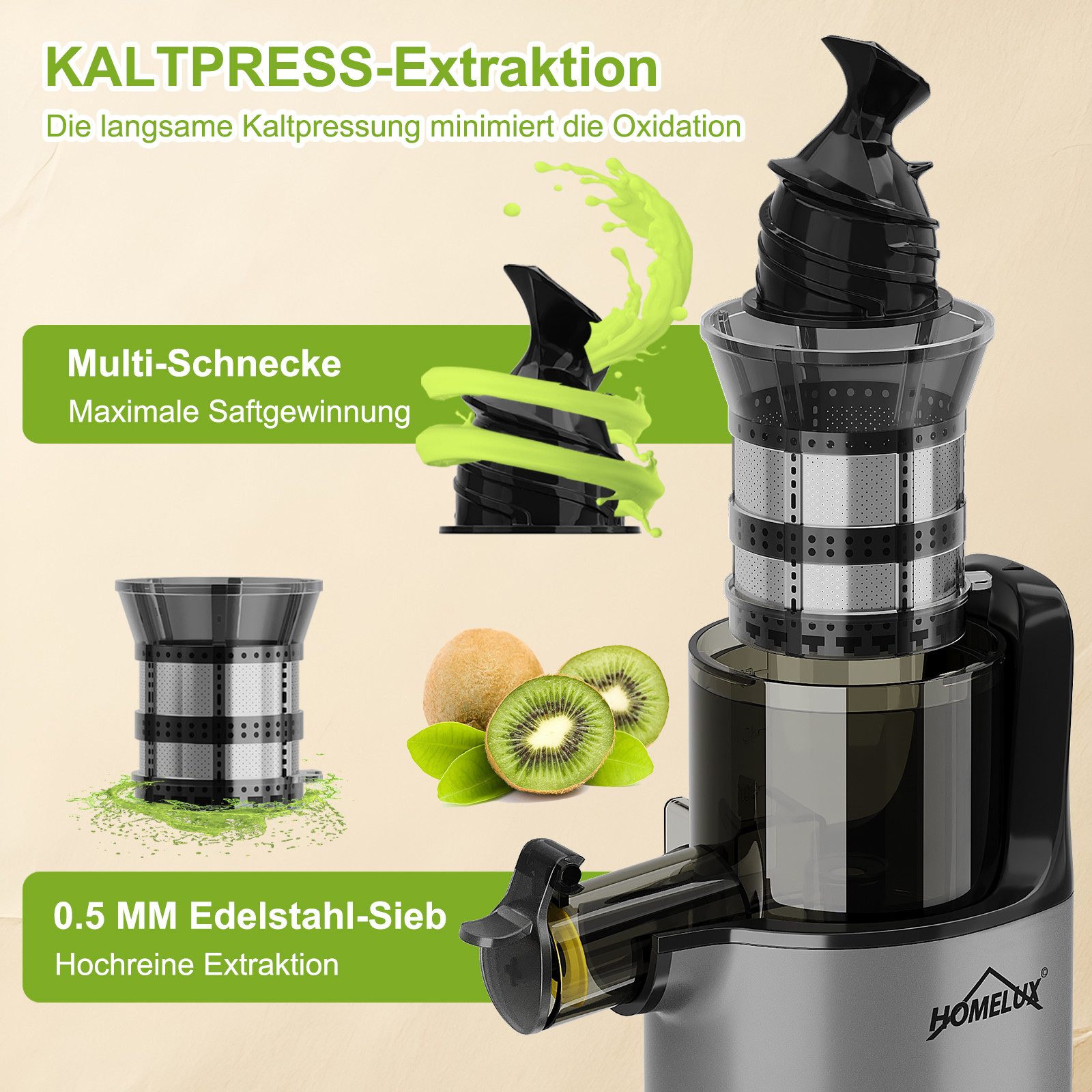 HOMELUX Slow Juicer Kleiner Entsafter Sicherheitsverriegelung, Mini, kompakt, 120 W, Geräuscharm, mit Easy-Clean Konzept, 120 W