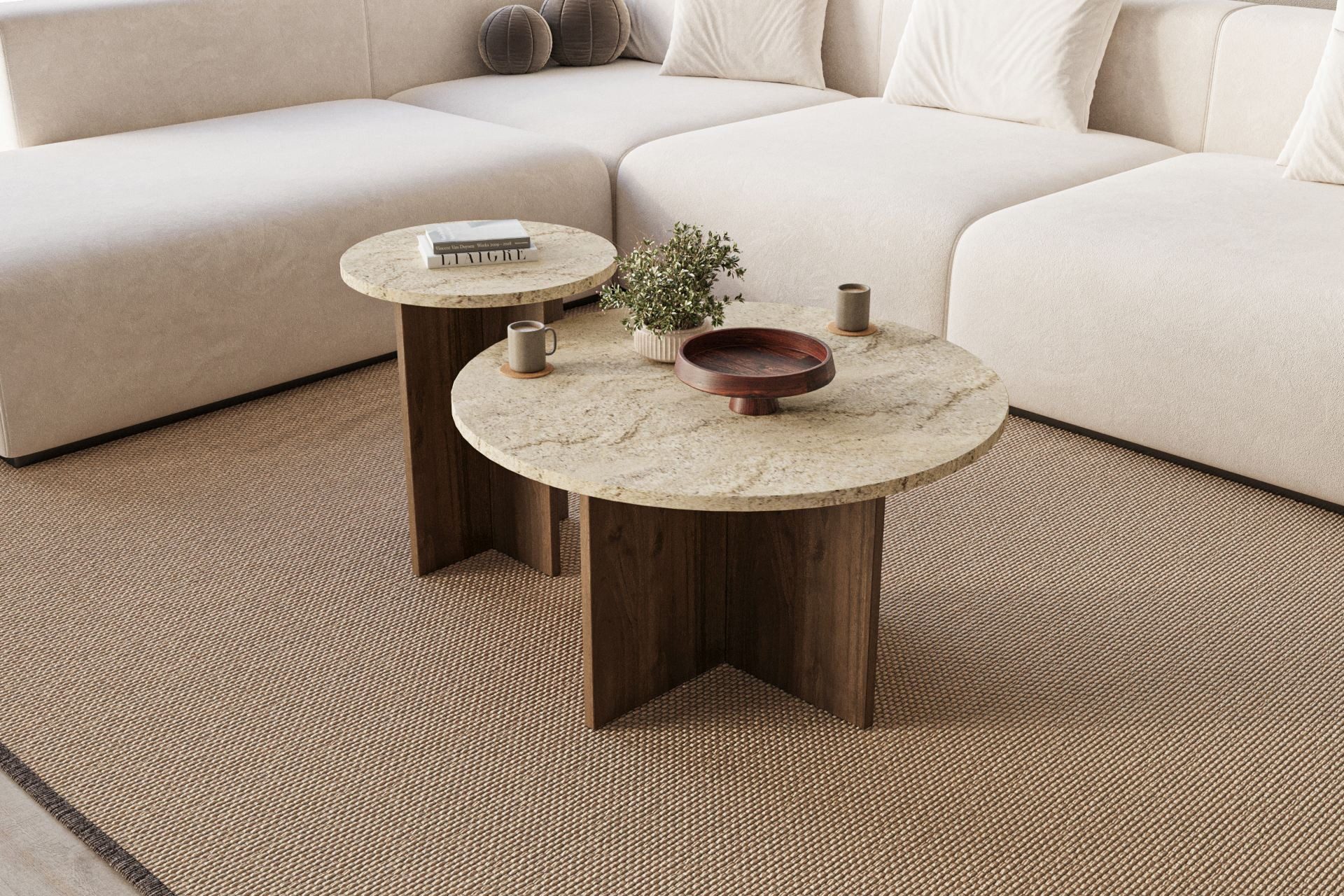 Skye Decor Couchtisch Siam Private (Set, 2-St., 2er Set mit zwei unterschiedlich großen), Travertin -Walnuss, Boho