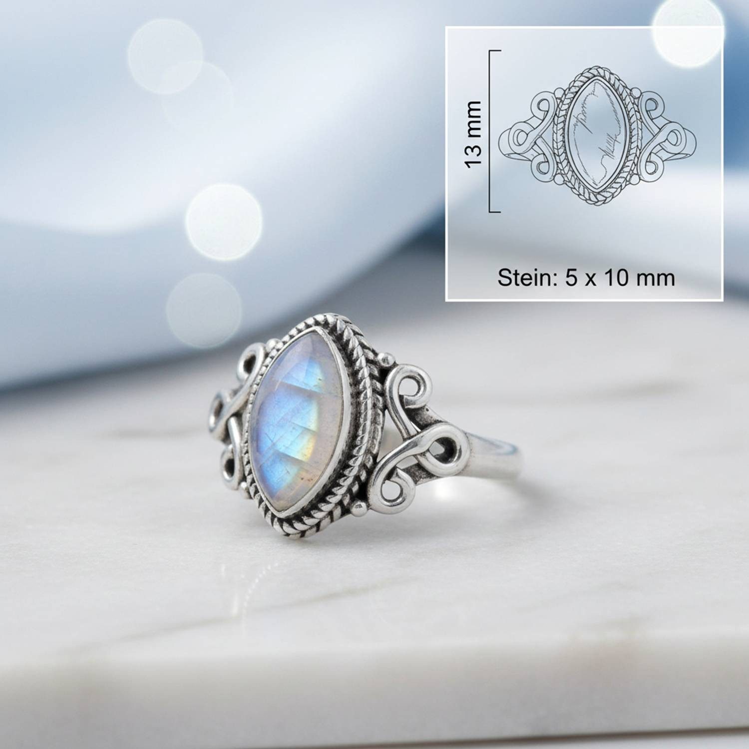 mantraroma Silberring BAGHIMI Ellipse aus 925 Silber mit Regenbogen Mondstein (Ring mit Schmuckbeutel), Damenring aus 925er Silber – Bild 3 von 5