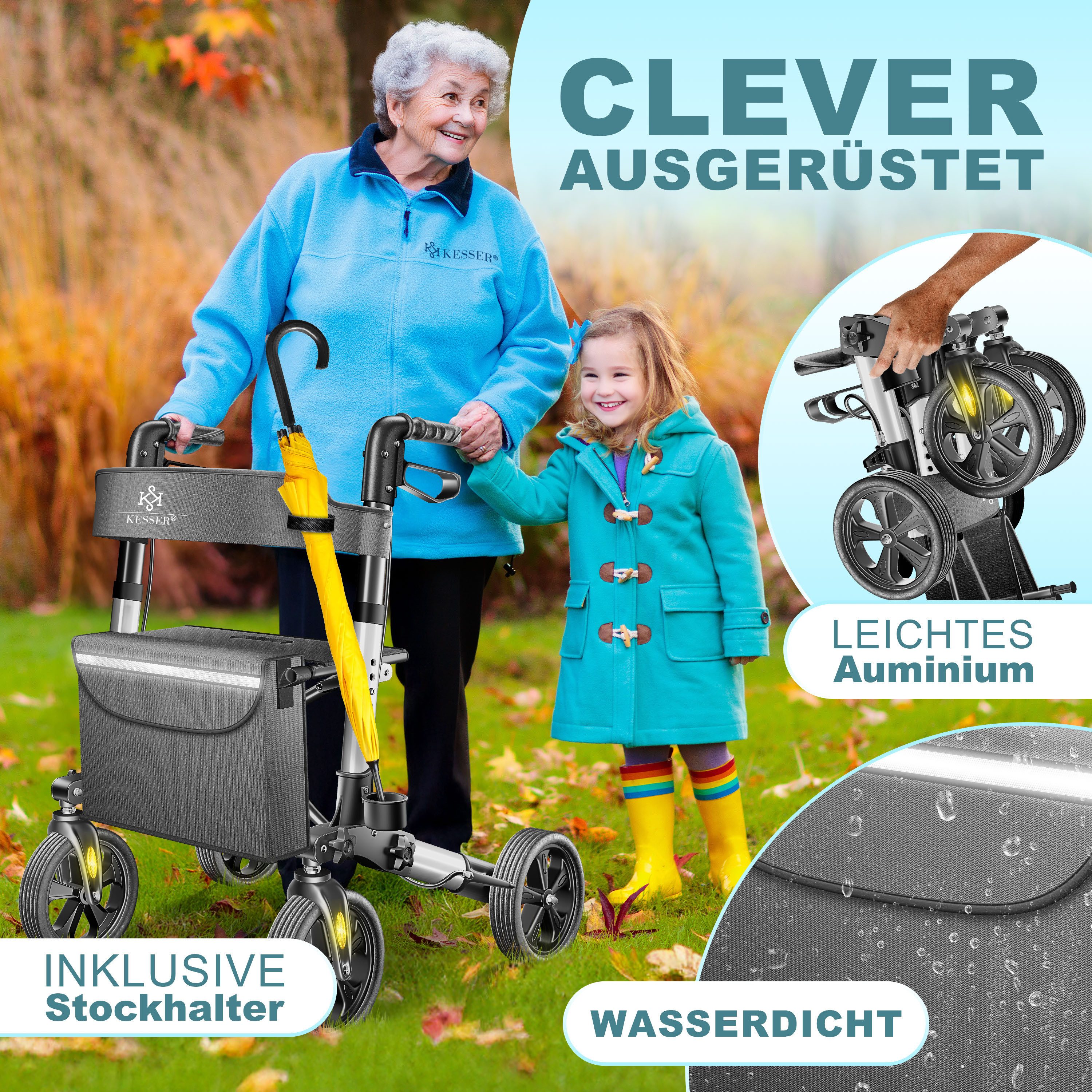 KESSER Rollator Aluminium – faltbar, höhenverstellbar & bis 136 kg belastbar, wetterbeständig, Tasche, Stockhalter, Reflektoren, 360° Gelände Reifen