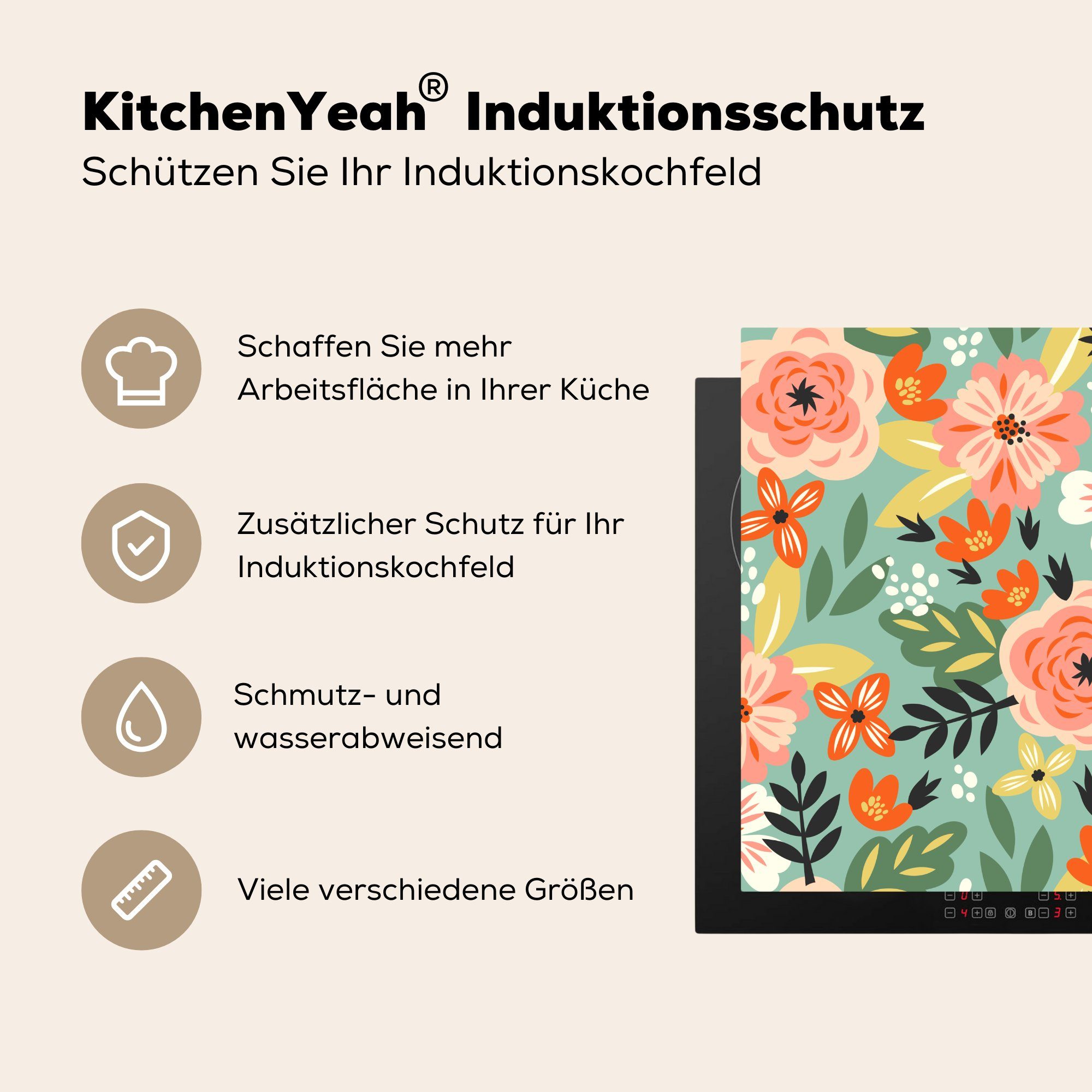 Ceranfeldabdeckung, Herdblende-/Abdeckplatte für Blumen cm, Vinyl, MuchoWow küche - (1 tlg), Illustration Muster, - Arbeitsplatte 78x78