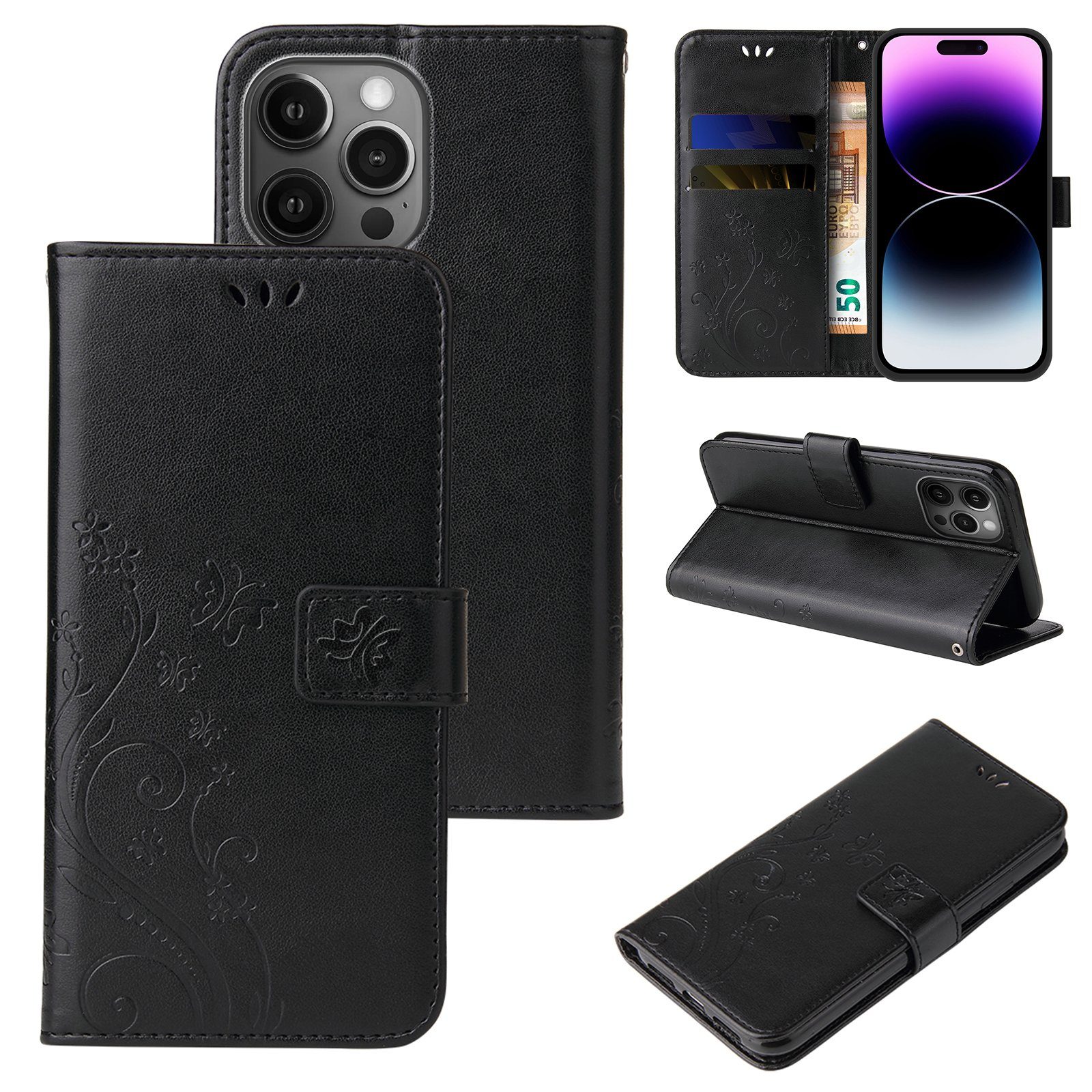 Tec-Expert Handyhülle Cover Tasche Hülle für Apple iPhone 14 Pro 6,1 Zoll, Klapphülle Case mit Kartenfach Fliphülle aufstellbar, Motiv Blumen