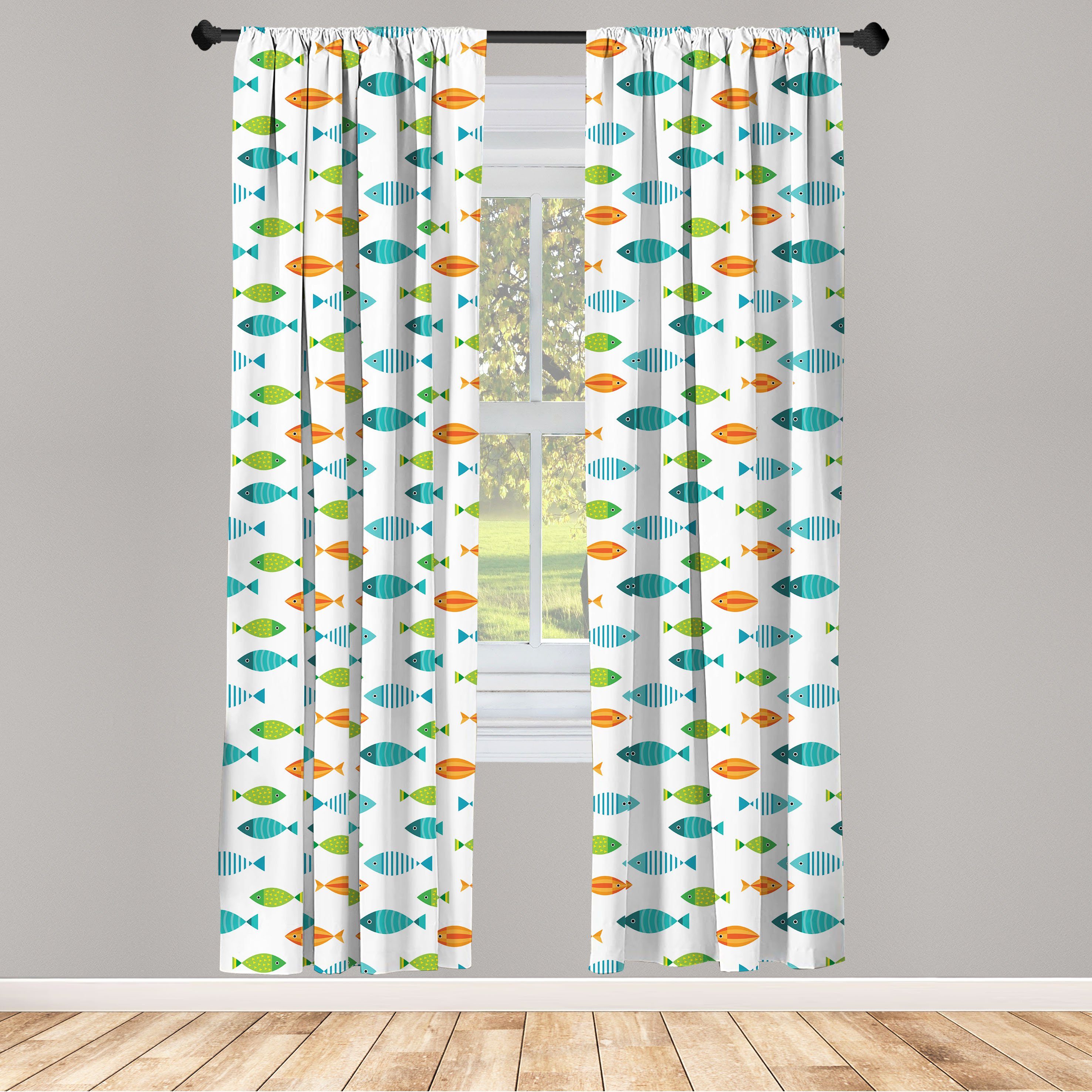 Gardine Vorhang für Wohnzimmer Schlafzimmer Dekor, Abakuhaus, Microfaser, Fisch Geometrische Formen und Streifen