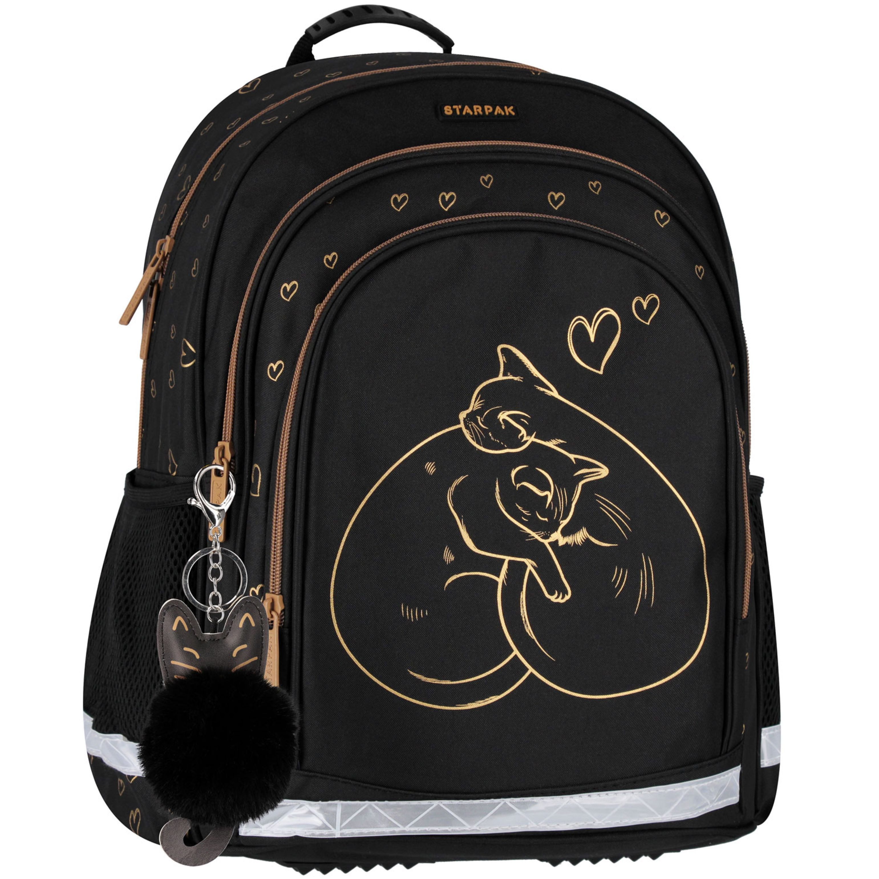 Starpak Schulrucksack Starpak Schulrucksack Mädchen Schwarz Gold Katze Klasse 1-3 (1-tlg) – Bild 2 von 5