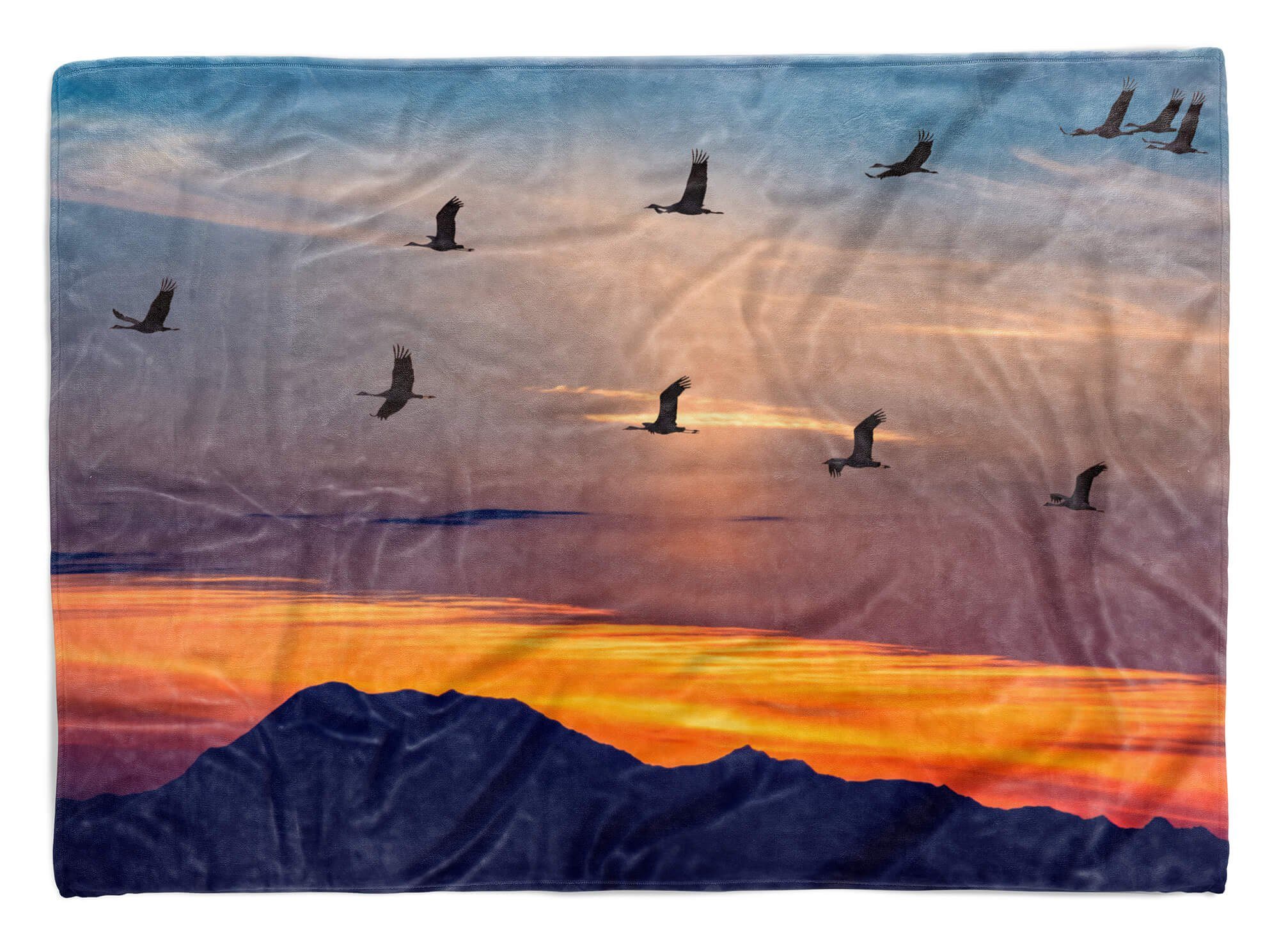 Sinus Art Handtücher Handtuch Strandhandtuch Saunatuch Kuscheldecke mit Fotomotiv Berge Sonnenuntergang Vögel, Baumwolle-Polyester-Mix (1-St), Handtuch