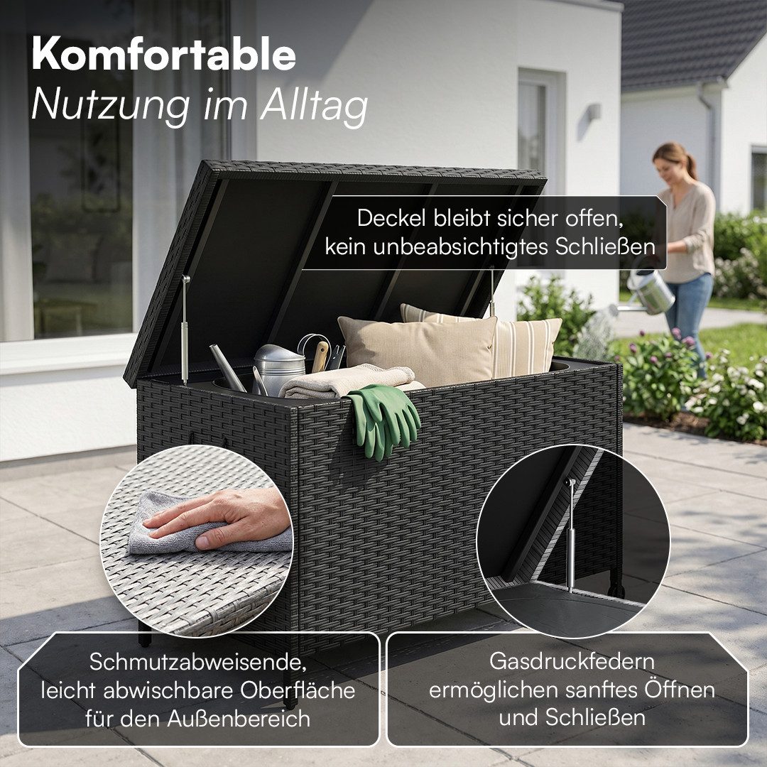 STEELSØN Aufbewahrungsbox Serion Gartenkiste aus Polyrattan (schwarz, 110 x 55 x 60 cm, mit Rollen), herausnehmbare Innenplane, wetterfeste Gartenbox mit Metall – Bild 5 von 5