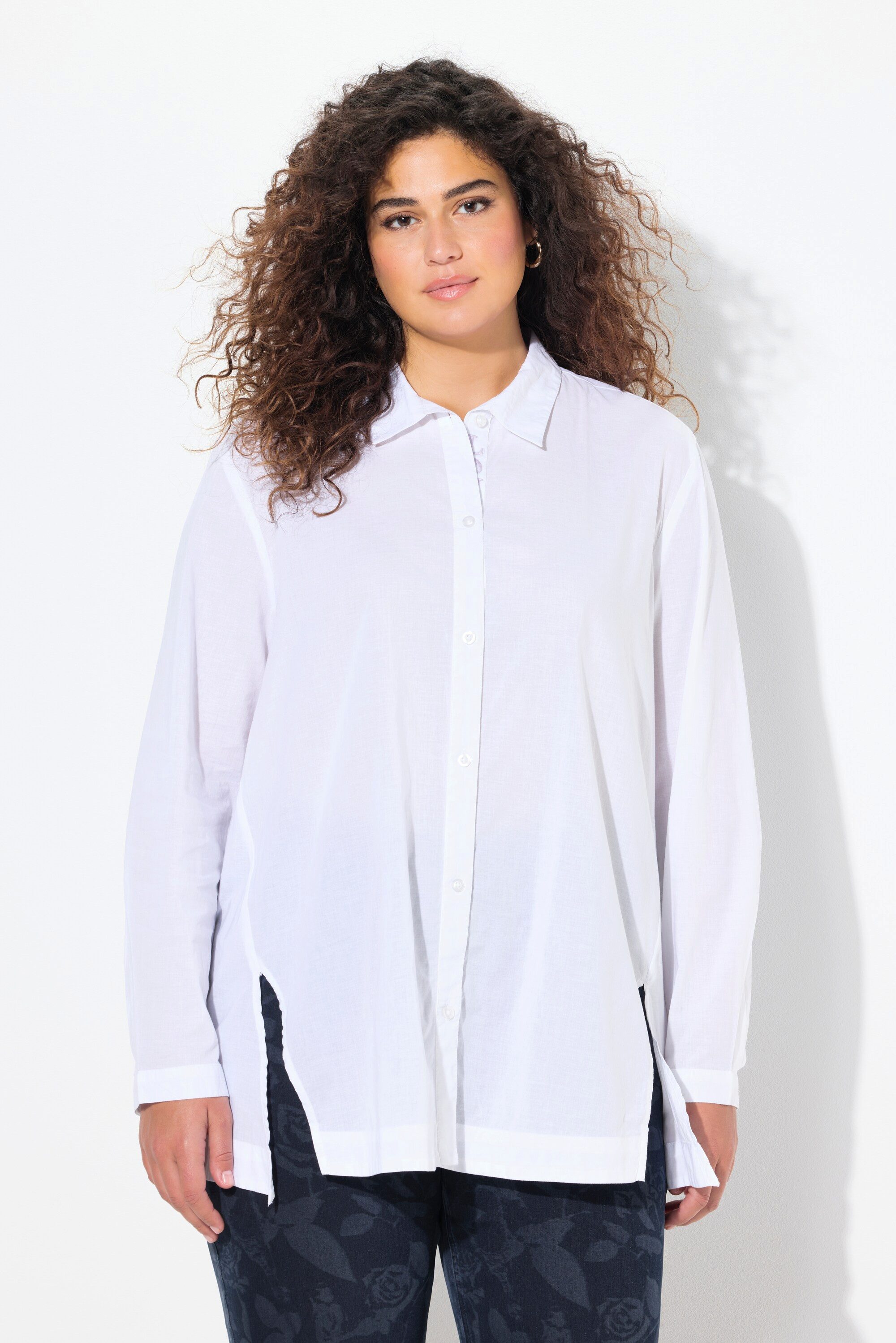 Longbluse Bluse Saumschlitze A-Linie Hemdkragen Langarm