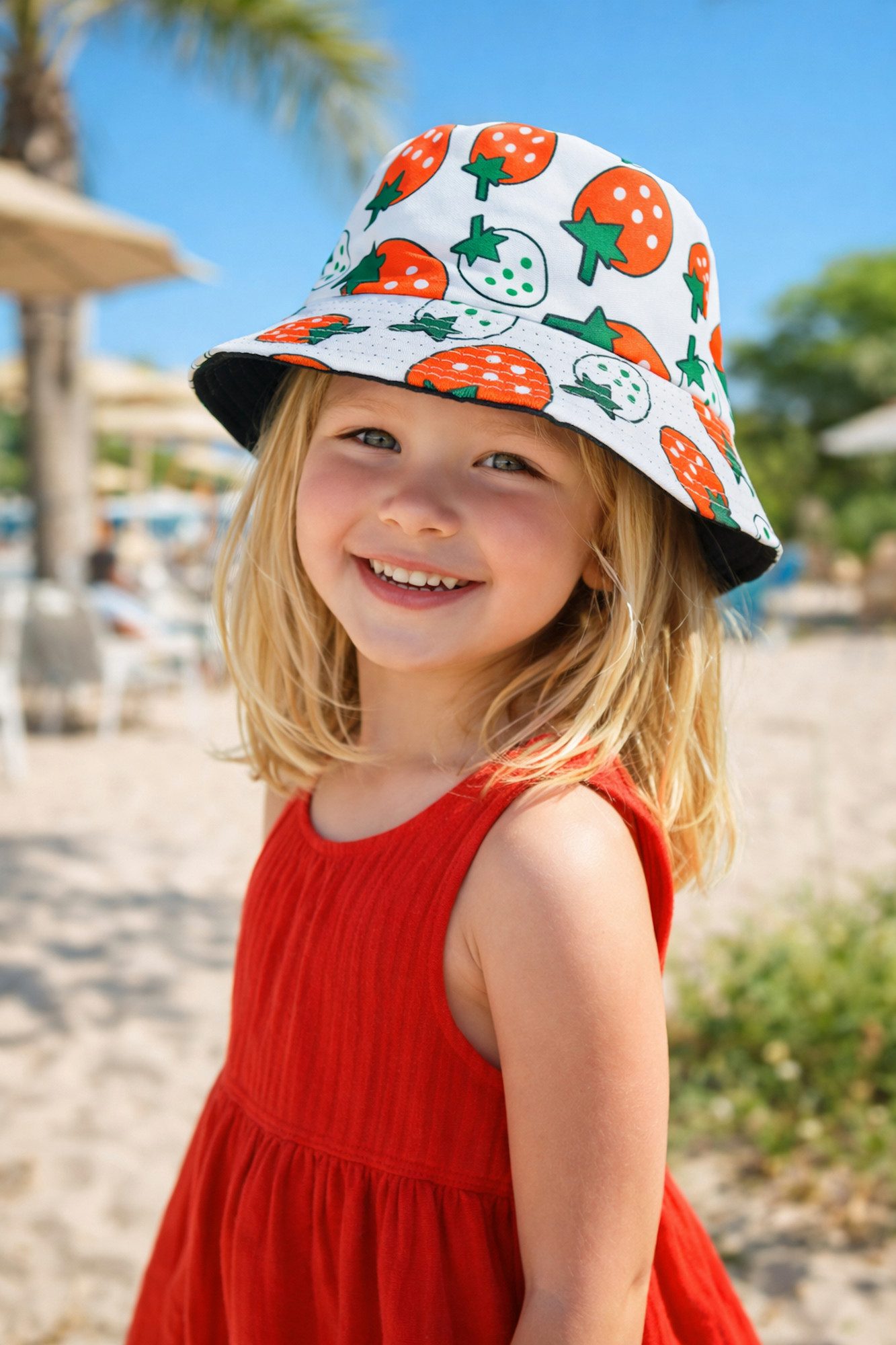 Ella Jonte Sonnenhut Süßer Mädchen Bucket Hat mit Erdbeer-Motiv – Wendehut - Baumwolle