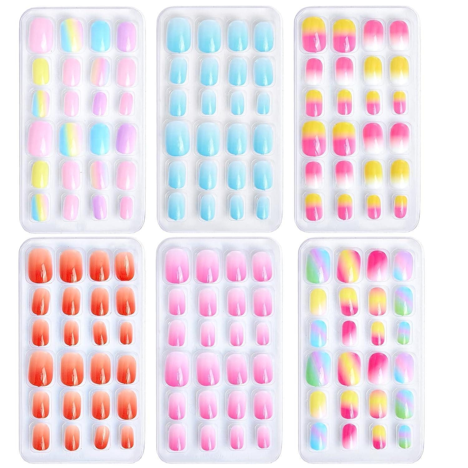 LuxusKollektion Kunstfingernägel Falsche Nägel 144 Kinder Jelly Kleber 6 Designs Mädchen Colorful Set E