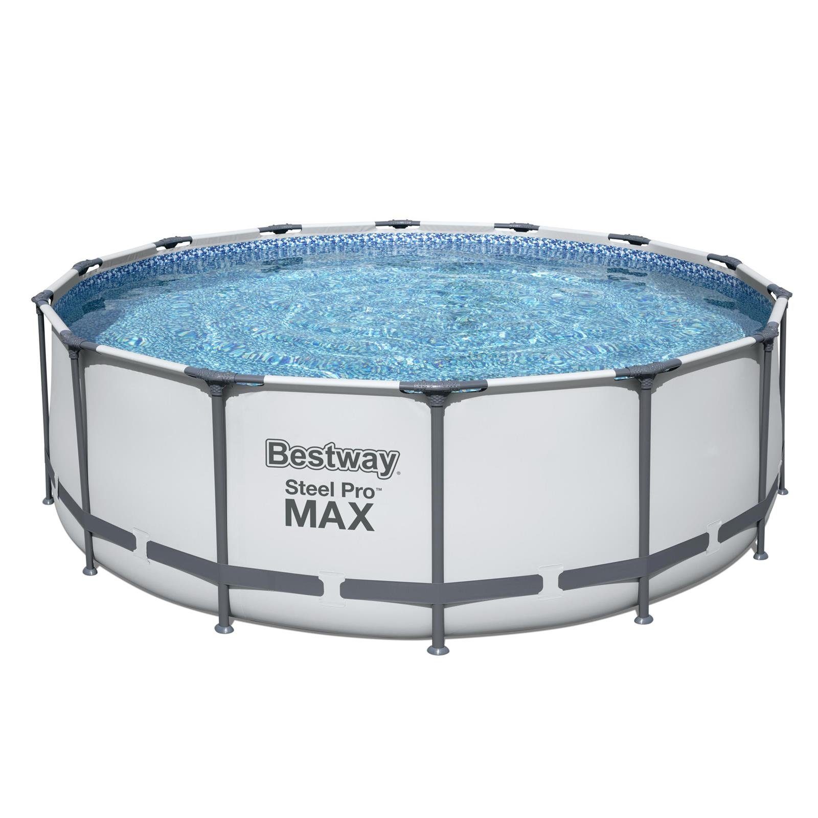 Bestway Framepool 5612X Frame Pool Set Steel Pro MAX Lichtgrau, rund (Komplett Set, 5-tlg., Pool, Leiter, Pumpe, Kartusche, Plane), robust und langlebig, Ø 427 x 122 cm