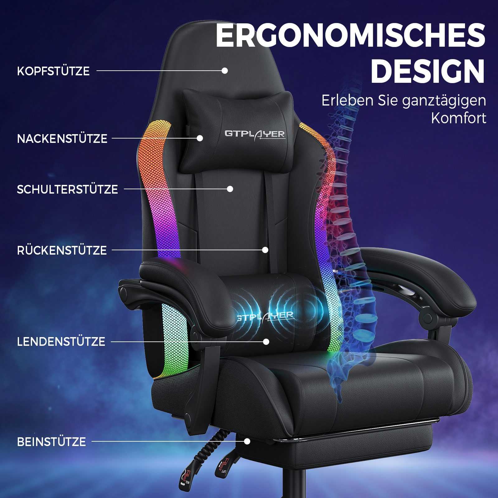 GTPLAYER Gaming-Stuhl Bürostuhl, Gaming Chair mit LED und Massgefunktion, Gamer Stuhl Gaming Chair mit Fernbedienung bis 150KG