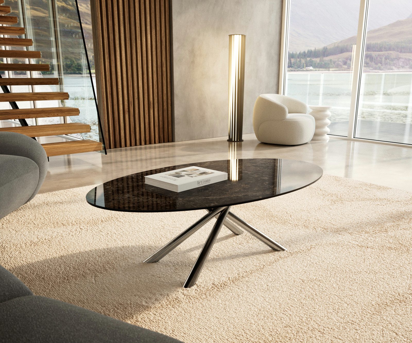 DELIFE Couchtisch Edge, Oval 140x80 cm Keramik Emperador Extra Lucidato Dunkelbraun Sarity Ede