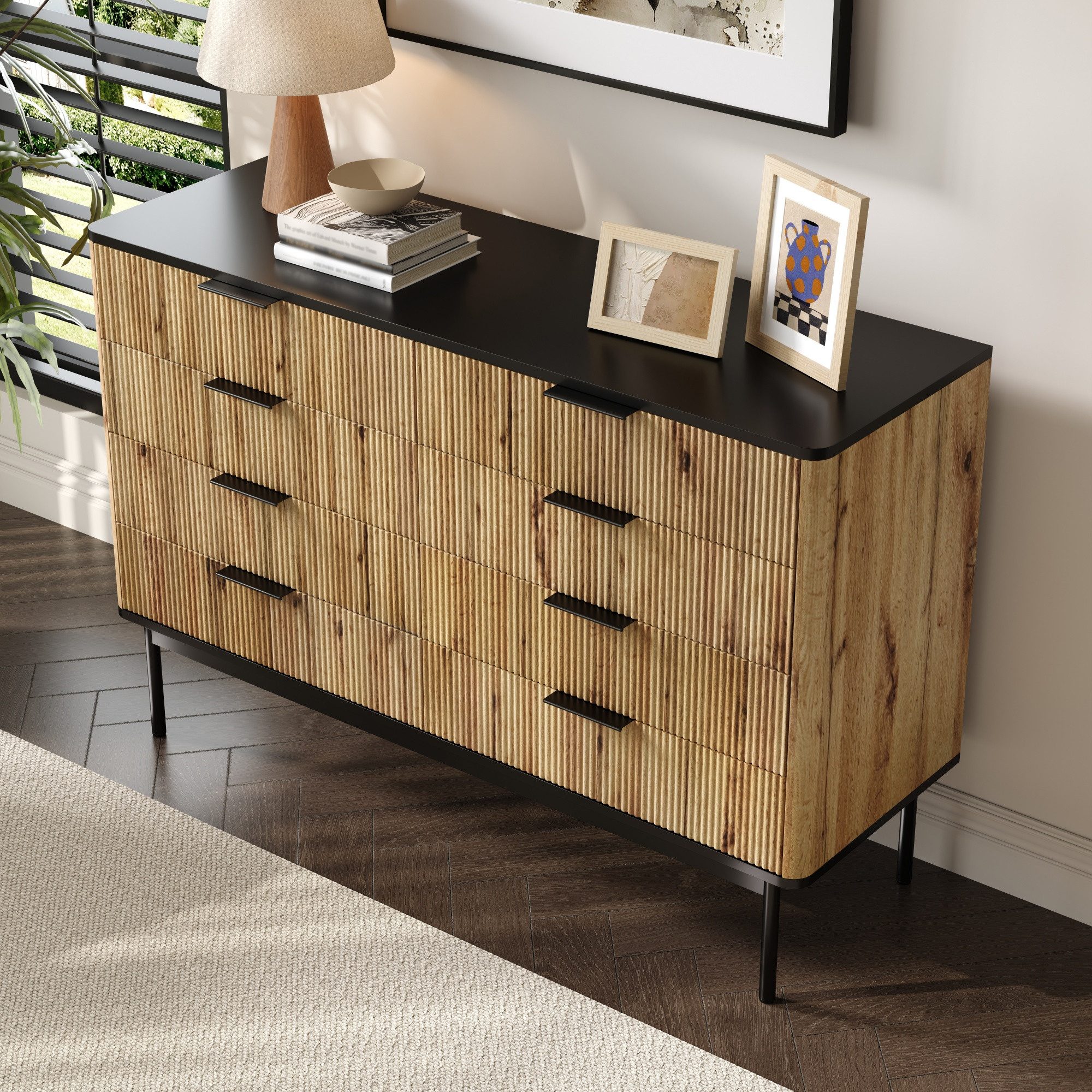OKWISH Sideboard Sideboard 120x39,5x80 cm mit Schubladen und Holzoptik. (Packung, 1 St., Moderne Aufbewahrungsschränke und Schminktische), Mit 8 Schubladen auf Auszugsschienen