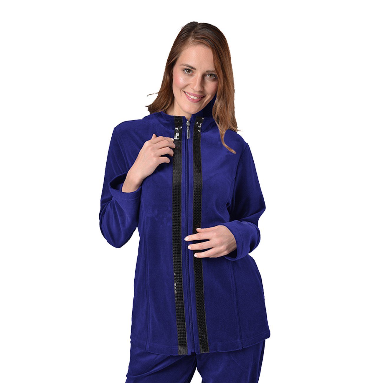 RAIKOU Hausanzug Damen Velours Nicki-Anzug Freizeitanzug Hausanzug (2 tlg) zwei glänzende, schwarze Paillettenreihen