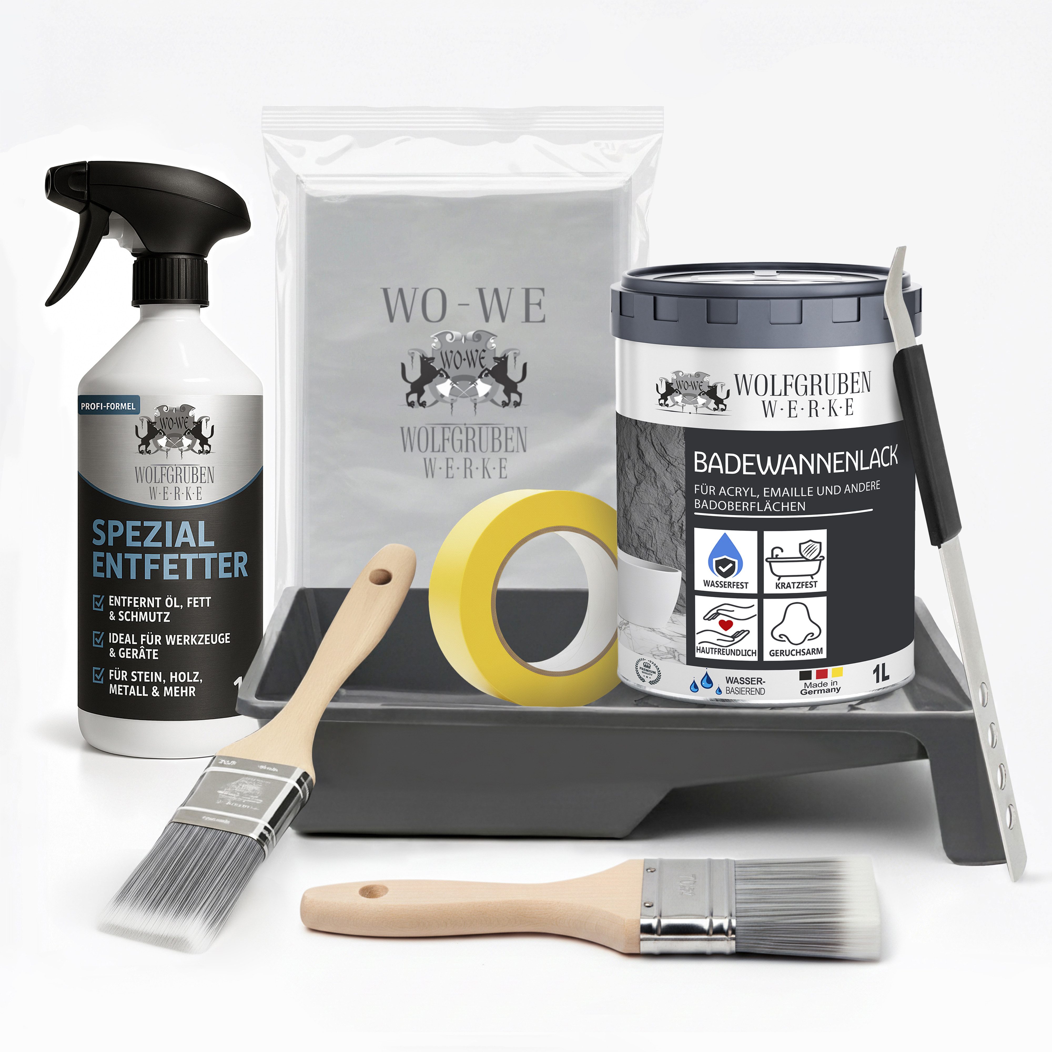 WO-WE Fliesenlack 1K Badewannenlack Komplettset für Emaille, Wasserbasiert, geruchsarm, 1K-Lack, für Emaille/Acryl/Keramik/Stahl.