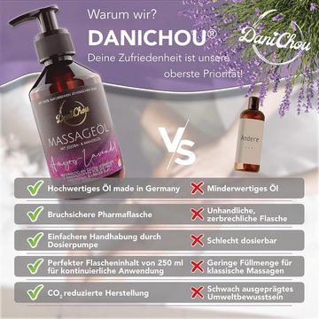 DaniChou Massageöl Amyris-Lavendel - Natürliches Massageöl mit Jojobaöl & Mandelöl 250 ml, 1-tlg., Wellness-Duft: Hautpflege, Stressfrei, ohne Paraffine/Farbstoffe