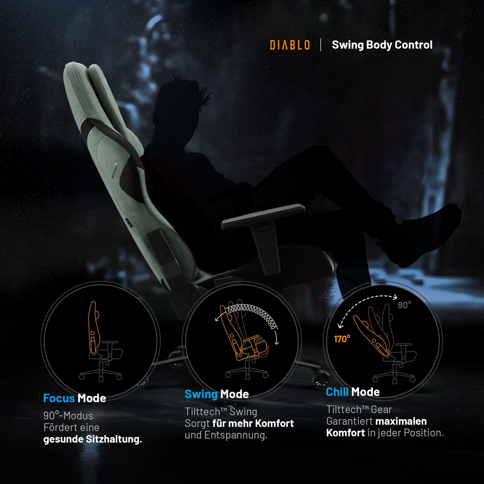 DIABLO CHAIRS Gaming-Stuhl X.One Prime Stoff ergonomisch Metallbasis 140kg CoolComfort (Magnetische Kopfstütze, Höhenverstellbare Armlehnen, Kühlender Sitz), Ko – Bild 4 von 5