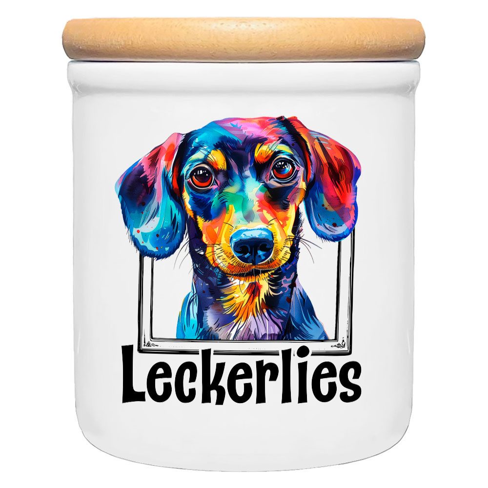 Cadouri Vorratsdose KURZHAARDACKEL - Leckerlidose Hund - für Hundekekse, Keramik, (Leckerlidose mit Hunderasse, 2-tlg., 1x Keramikdose mit Holzdeckel), Hundekeksdose, handgefertigt in Deutschland, für Hundebesitzer, 400 ml