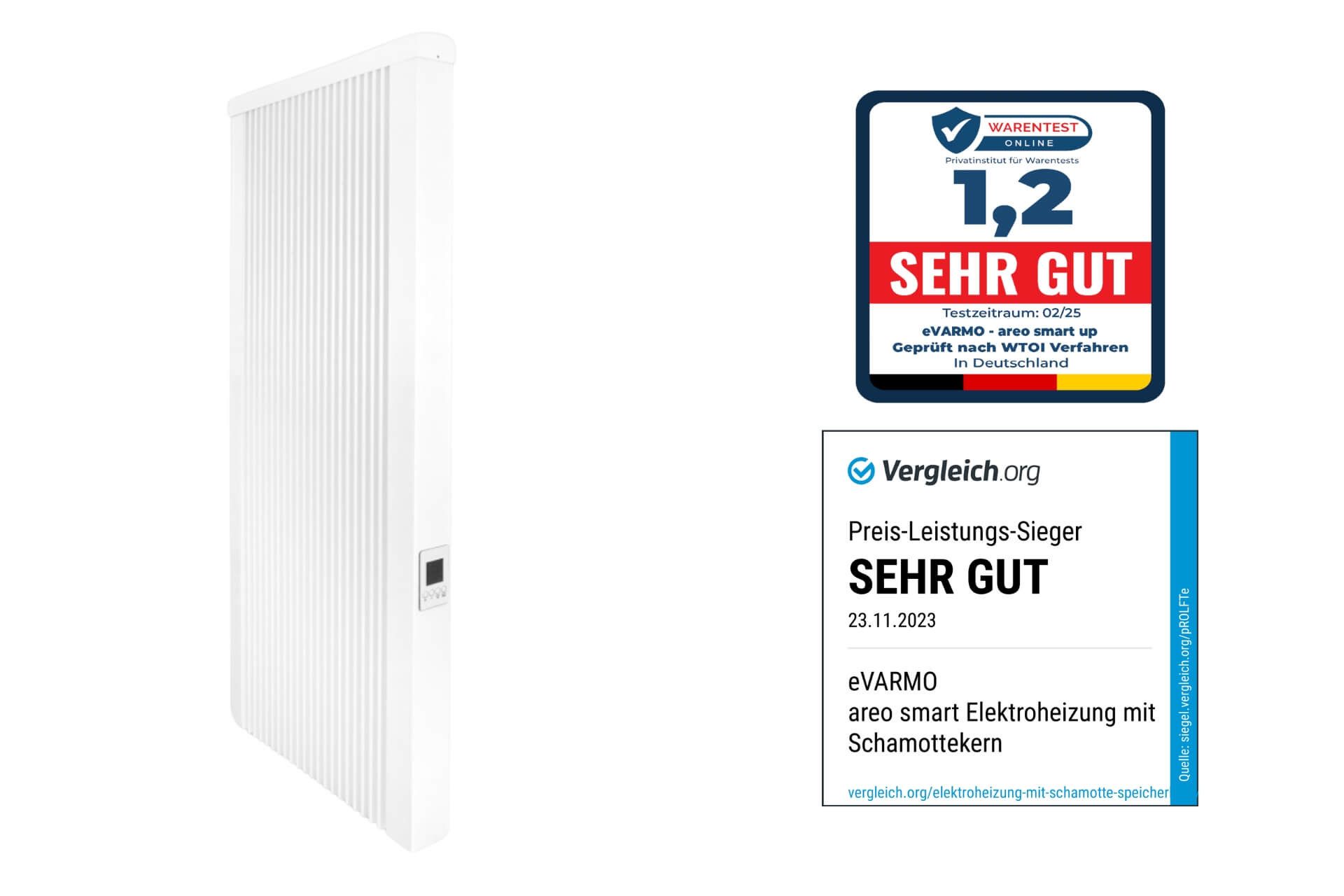 eVARMO Elektro-Heizkörper Flächenspeicherheizung areo smart up, Digitales Thermostat mit LCD-Display und 4 Knöpfen